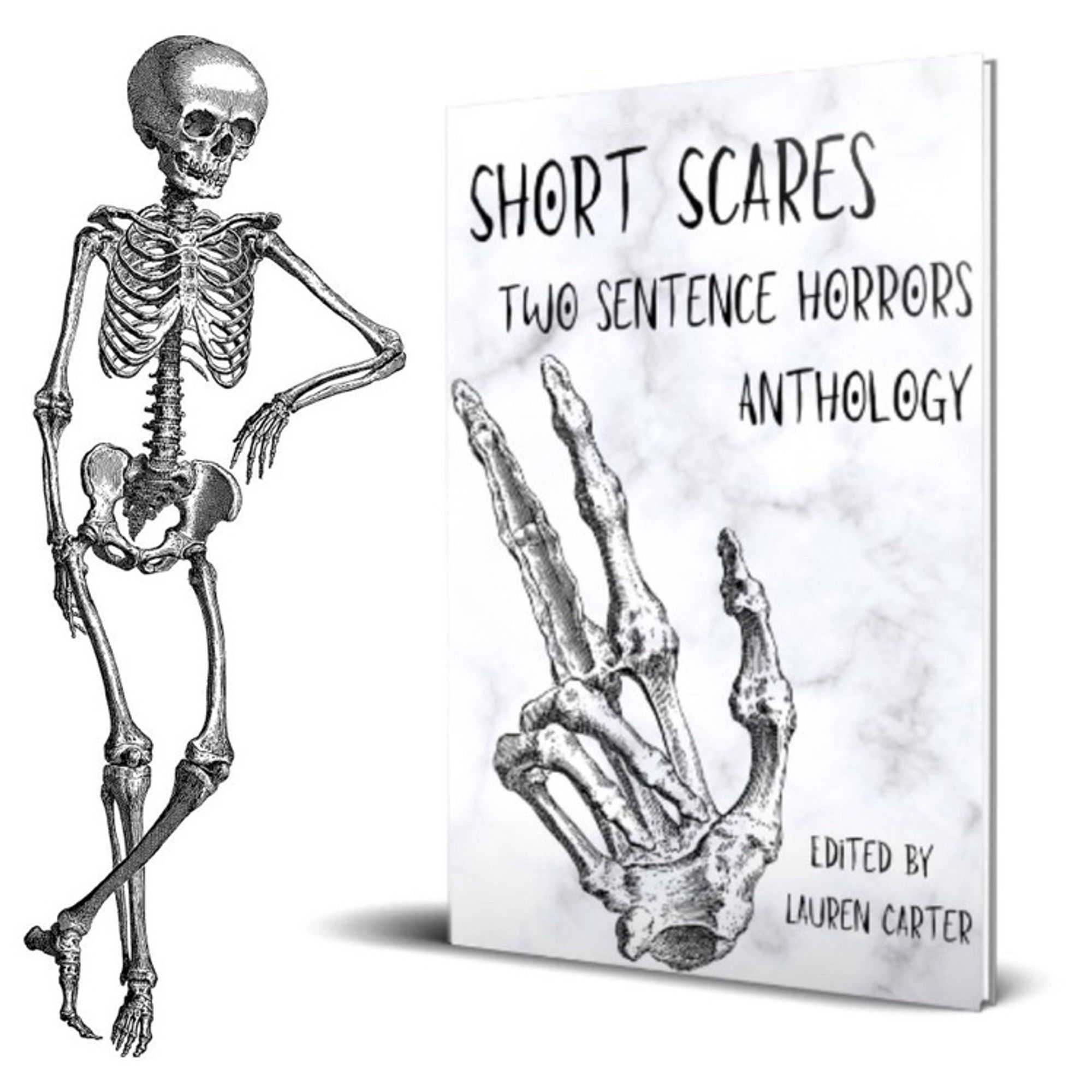 Short scares cover with skeleton hand and a spooky skeleton leaning on the cover 
