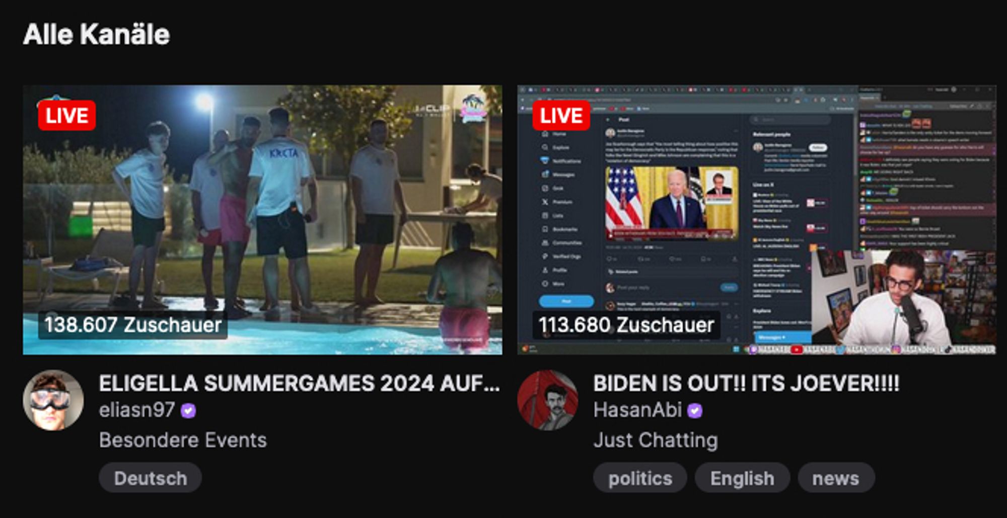 Screenshot der Twitch-Kanäle mit den meisten Zuschauer*innen:

1. "ELIGELLA SUMMERGAMES 2024 AUF KRETA" von eliasn97 mit 138.607 Zuschauer*innen
2. "BIDEN IS OUT!! IT'S JOEVER!!!!" von HasanAbi mit 113.680 Zuschauer*innen