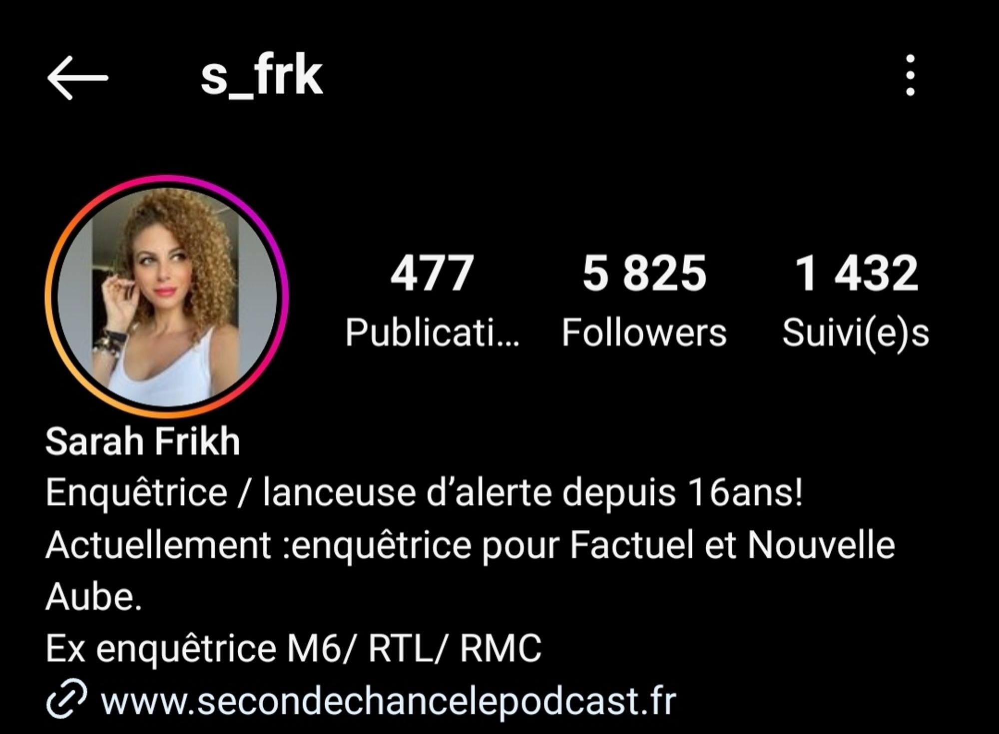 Copie d'écran du contact de Sarah sur Insta
Pseudo :  s_frk