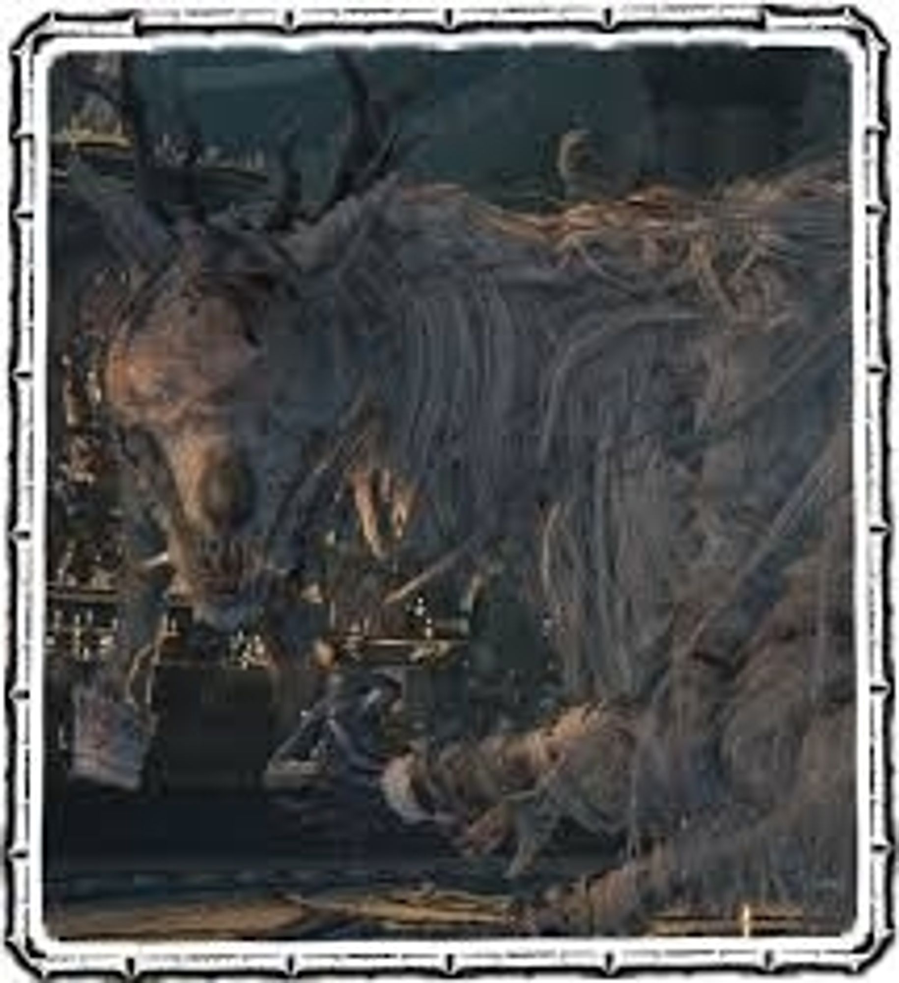 Vicar Amelia from Bloodborne, a veiled white wolf like monstrosity with antlers bows over an alter.