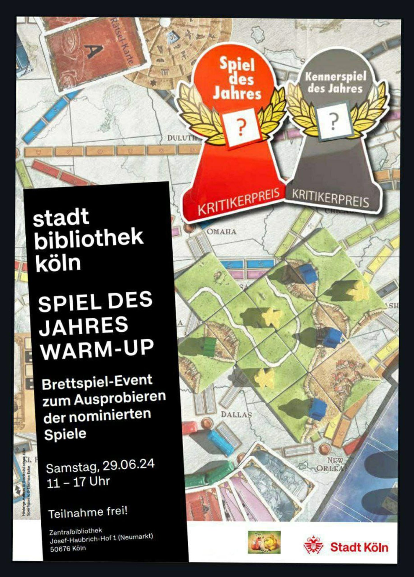 Der rote Pöppel vom Spiel des Jahres als auch der graue Pöppel vom Kennerspiel des Jahres, stehen auf einer Kollage aus Siegertiteln: Carcassonne, Zug um Zug und Exit.
Text: Stadtbibliothek Köln, Spiel des Jahres Warm-Up, Brettspiel-Event zum Ausprobieren der nominierten Spiele. Samstag, 29.6.24, 11-17 Uhr. Teilnahme frei. In der Zentralbibliothek am Neumarkt