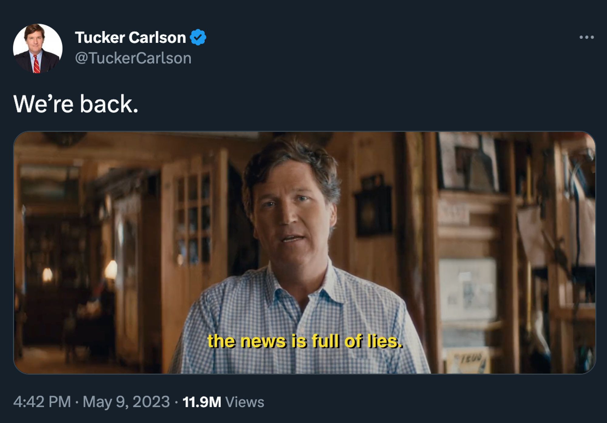 A screenshot of Tucker Carlson on Twitter saying "the truth is full of lies"