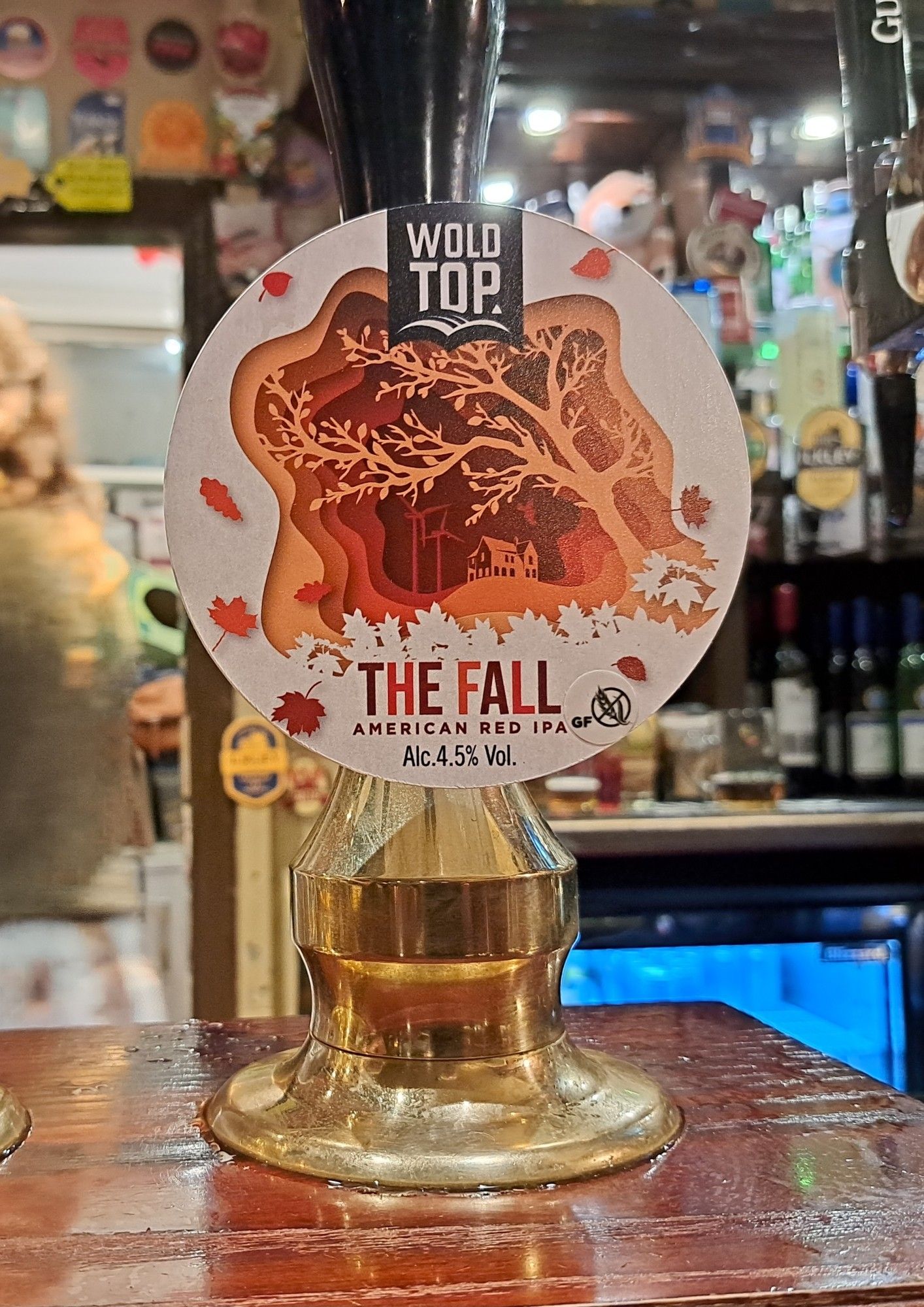 Pump clip for 'The Fall', a beer made by Wold Top brewery