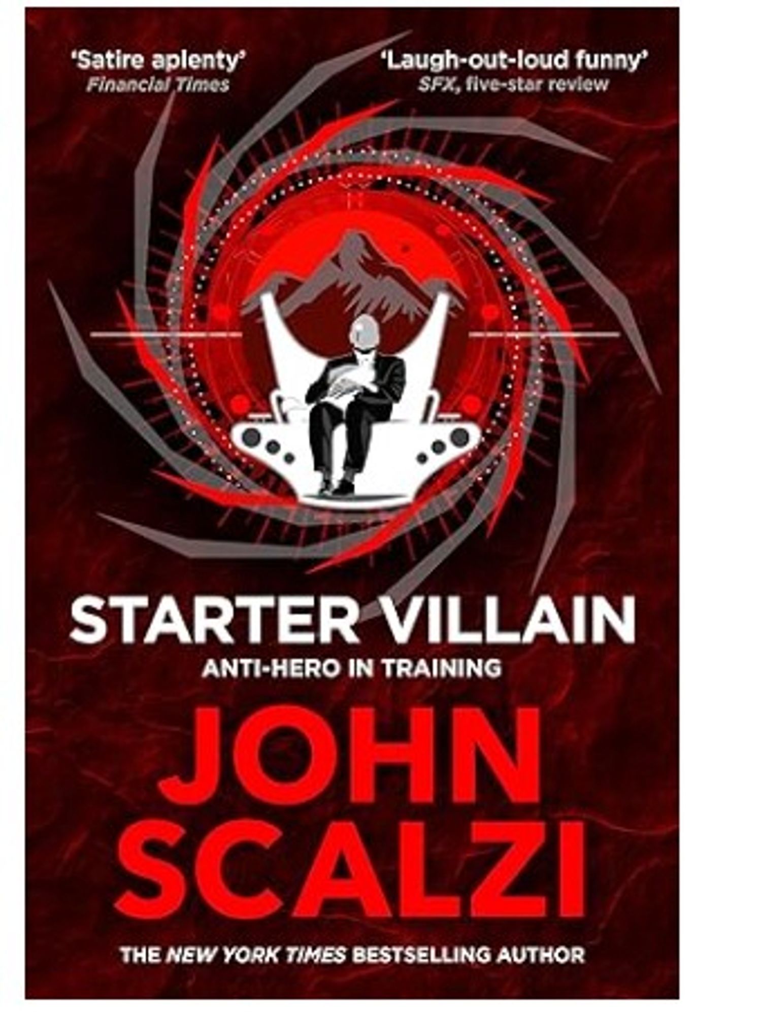 Starter Villain by John Scalzi but no cat in sight on the cover, just a Bond-esque shadowy person in a big chair within a swirling bullet hole.