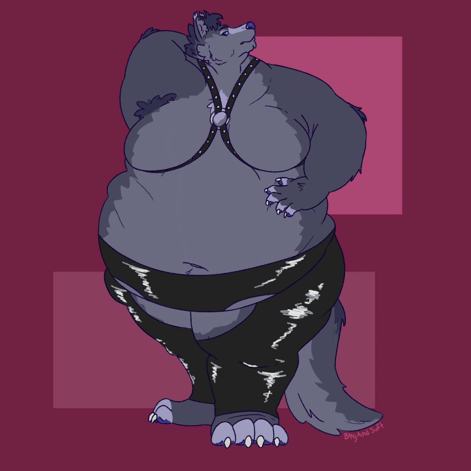 Juniper, a fat grey wolf, stands toward the viewer as she shows off her outfit. Her right arm is behind her head and her left hand rests on her belly. She is wearing a black leather harness with silver studs, and black leather chaps pulled up over her belly.