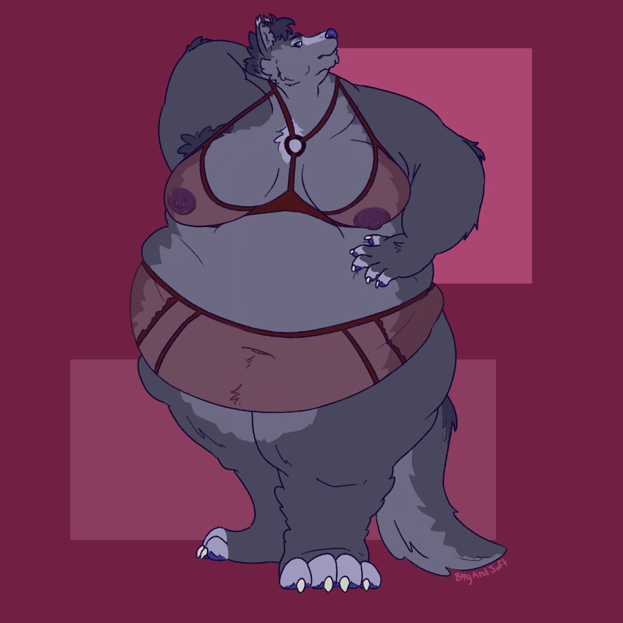 Juniper, a fat grey wolf, stands toward the viewer as she shows off her outfit. Her right arm is behind her head and her left hand rests on her belly. She is wearing a set of crimson lingerie (bra and panties) with some semi-transparent parts in the fabric. The panties are pulled up over her belly to her waist and her nipples are visible under the semi-transparent bra fabric.