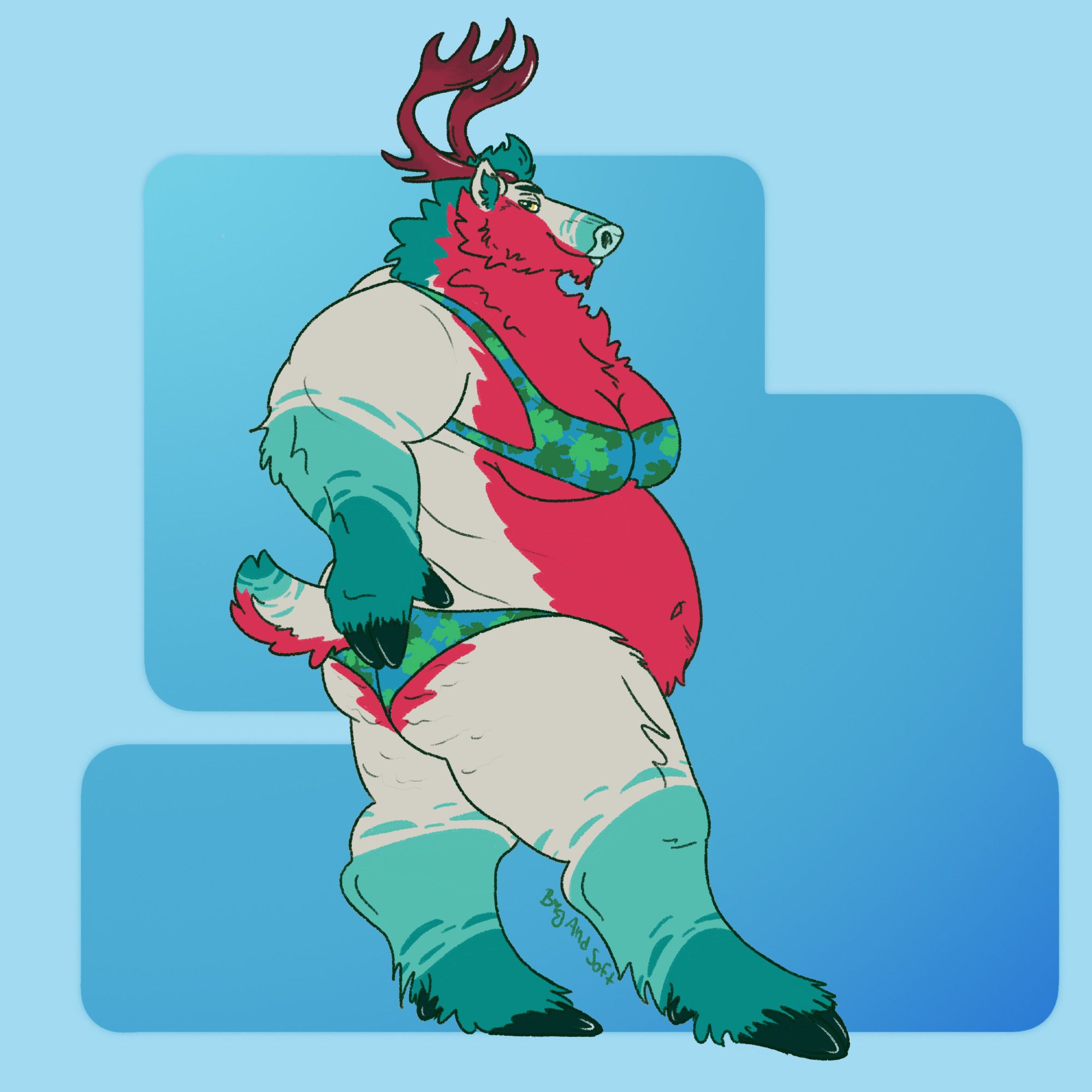 Xandra, a green and red caribou with red antlers, stands sideways but looks toward the viewer. She is positioned in a way that shows off her chest and her butt , complete with cellulite. She smirks and rests a hand on her hip, while she daintily sticks a leg out in front of her. She is wearing a skimpy blue bikini with a green leaf pattern.