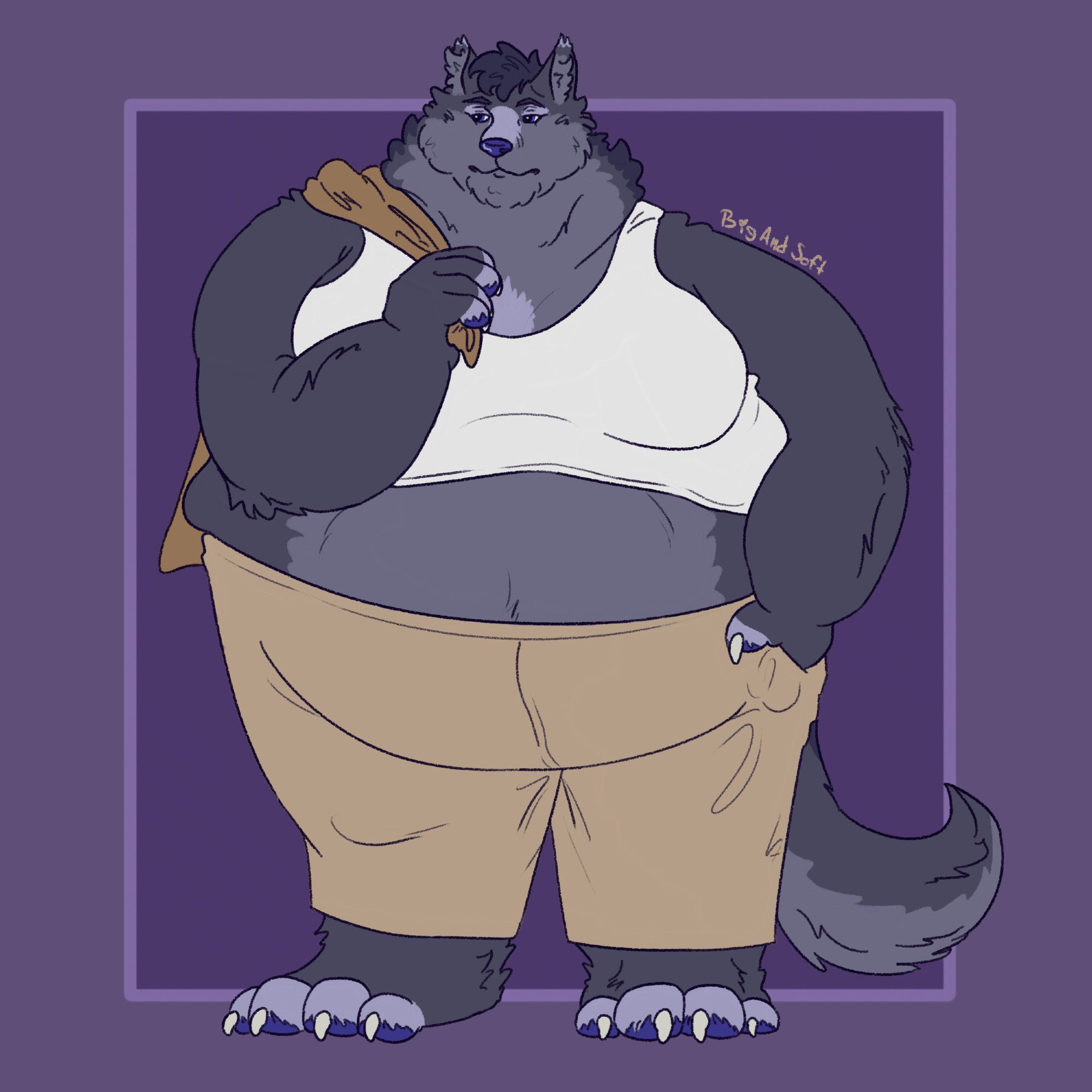 Juniper, a fat grey wolf, stands facing toward the viewer. She is wearing a white tank top that is pulled partway up her belly, and fitted tan business pants pulled up to her waist. She is holding a brown coat over her shoulder, while her other hand is in her pocket.