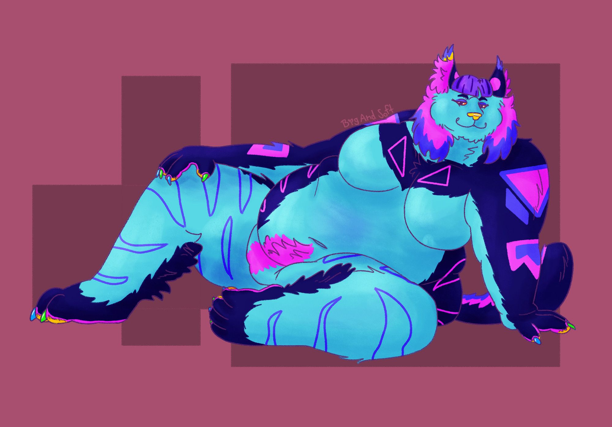 Vapour, a blue lynx with pink and purple accents, sits facing the viewer with a smug look on their face. She is holding herself up with one arm while the other rests across her side and leg. Their legs are open, with one pulled up towards her stomach and the other halfway stretched out.