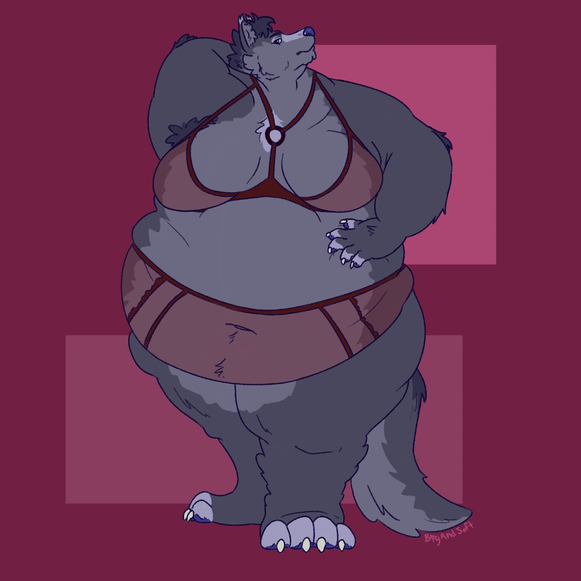 Juniper, a fat grey wolf, stands toward the viewer as she shows off her outfit. Her right arm is behind her head and her left hand rests on her belly. She is wearing a set of crimson lingerie (bra and panties) with some semi-transparent parts in the fabric. The panties are pulled up over her belly to her waist.