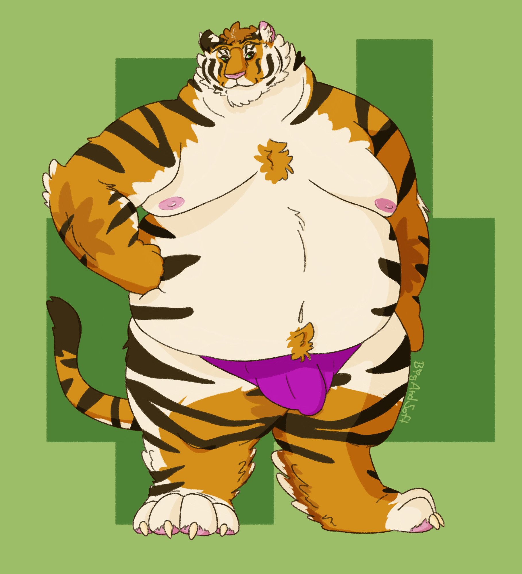 A fat orange and white tiger stands facing the viewer with a smile. One arm hangs down by his side while the other rests on his hip. He is wearing nothing but hot pink underwear that shows off his bulge.