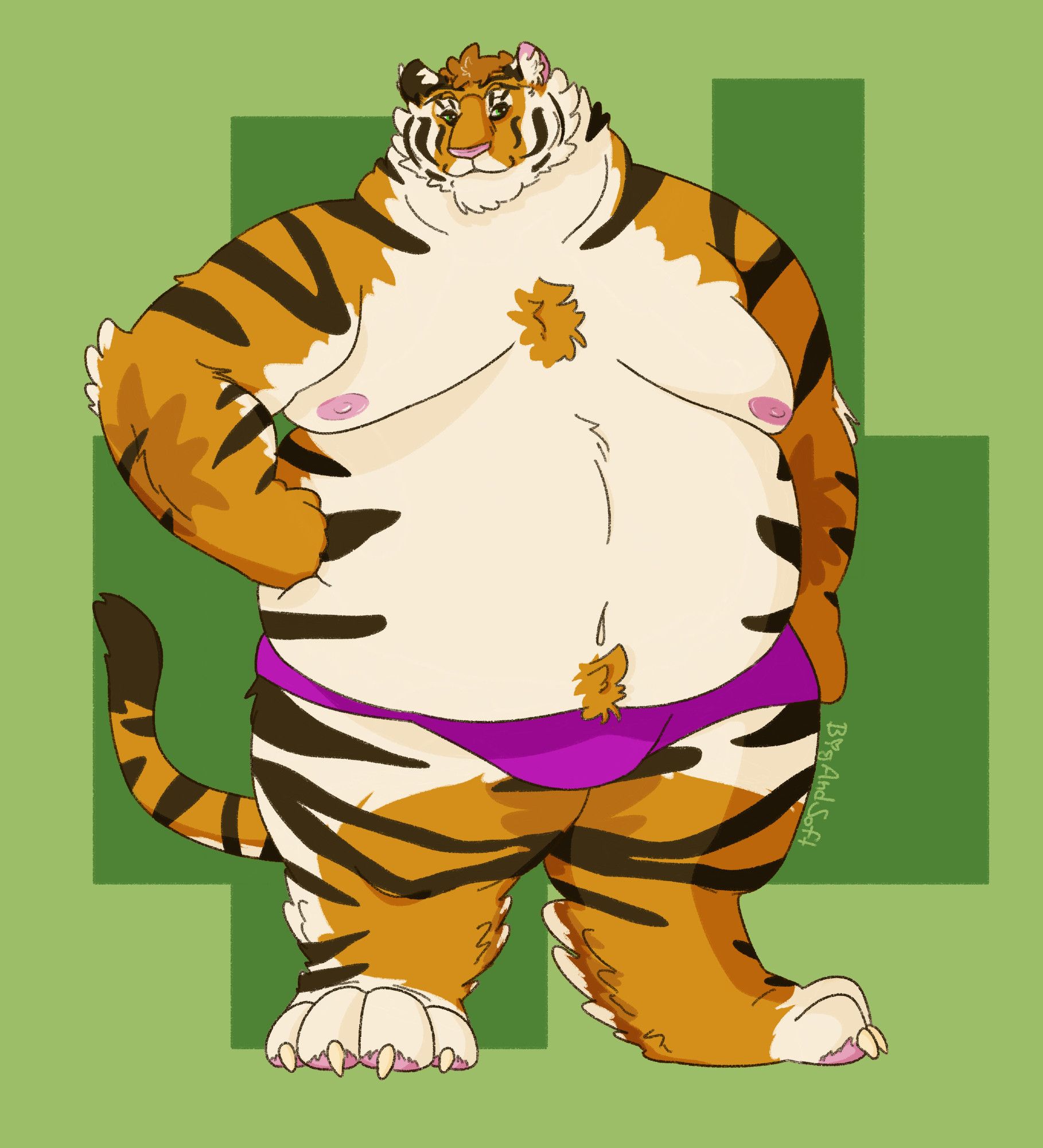 A fat orange and white tiger stands facing the viewer with a smile. One arm hangs down by his side while the other rests on his hip. He is wearing nothing but hot pink booty shorts.