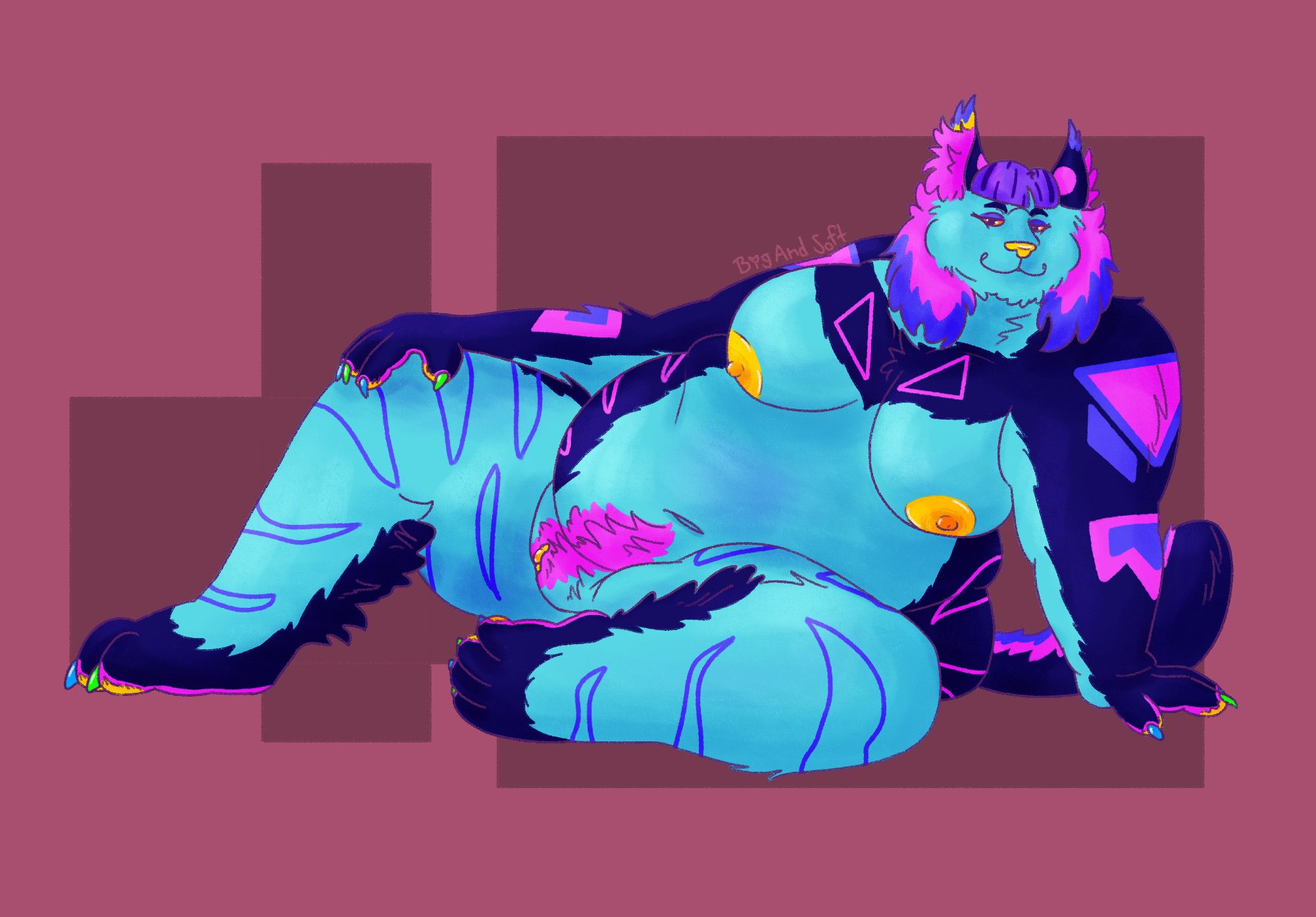 Vapour, a blue lynx with pink and purple accents, sits facing the viewer with a smug look on their face. She is holding herself up with one arm while the other rests across her side and leg. Their legs are open, exposing their genitals, with one pulled up towards her stomach and the other halfway stretched out. Her nipples and vaginal area are yellow like her nose and pawpads.