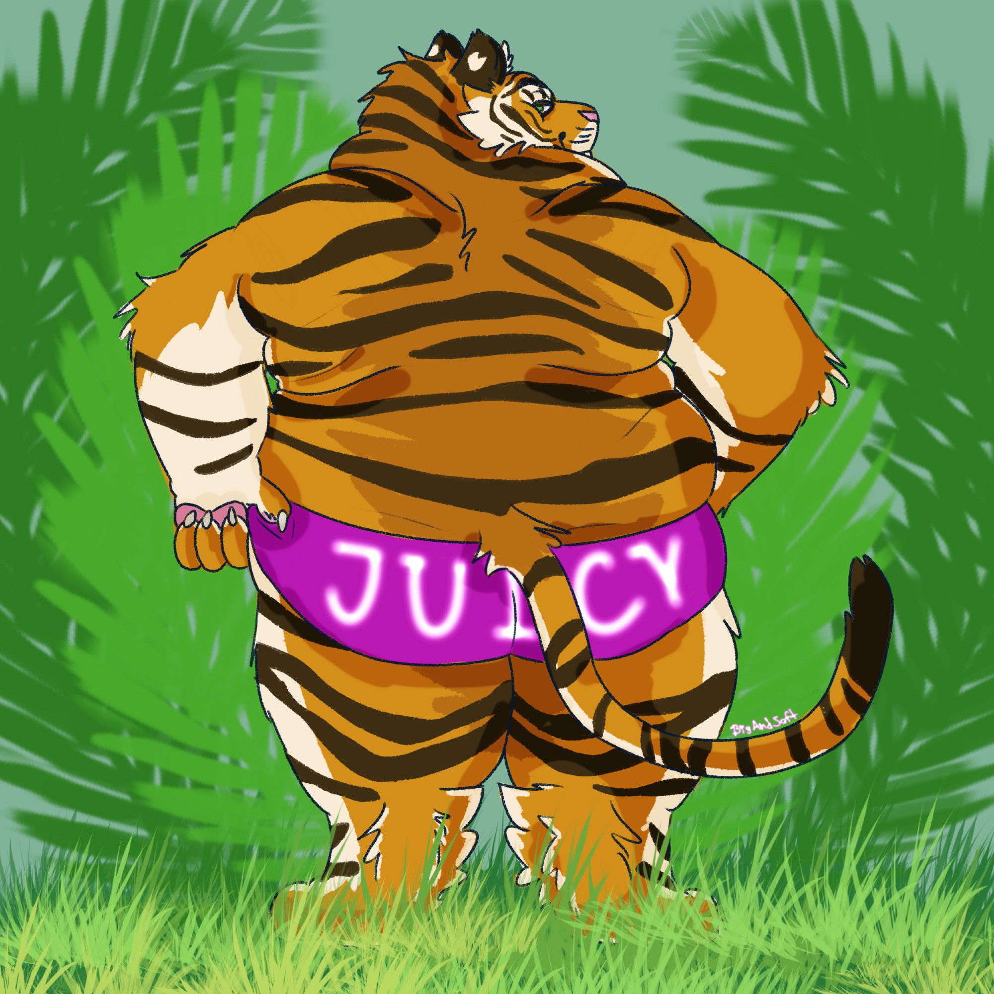 A fat orange tiger stands with his back towards the viewer. His head is turned to glance over his shoulder. He is wearing nothing but hot pink booty shorts with neon lettering reading "JUICY"