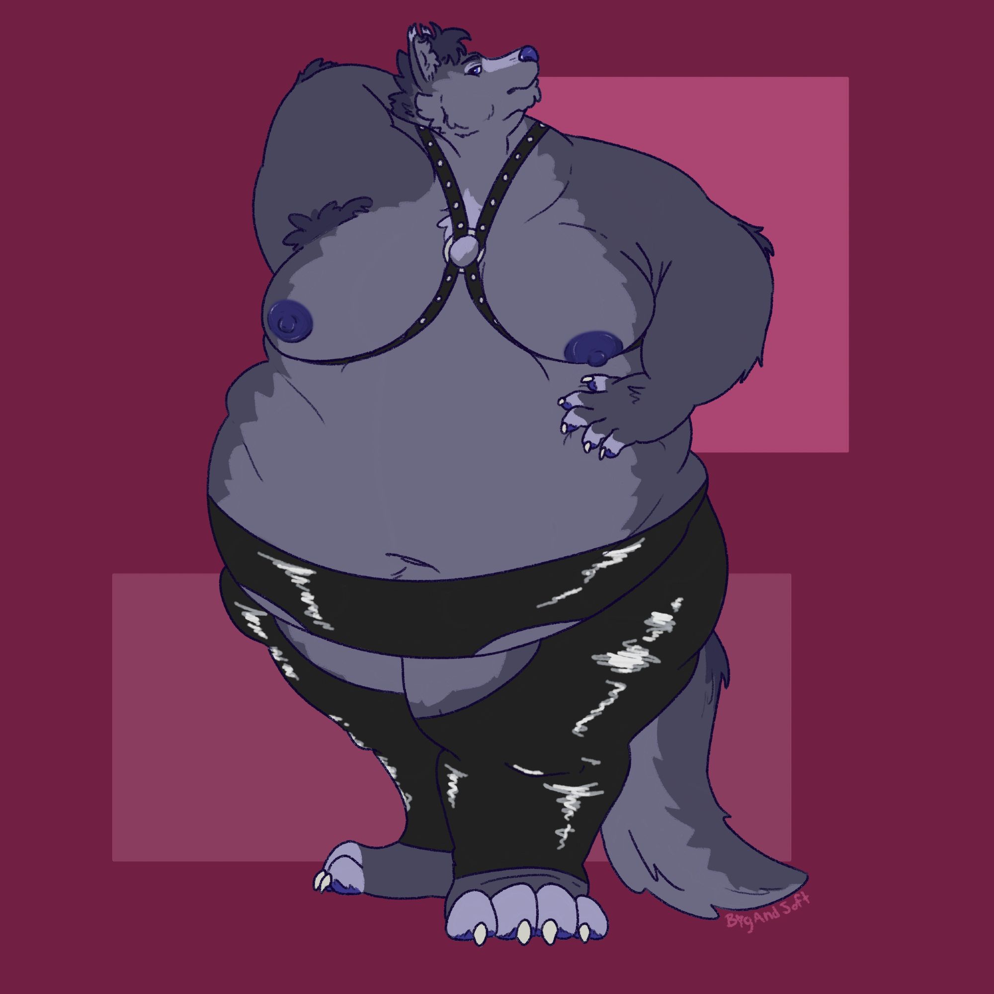 Juniper, a fat grey wolf, stands toward the viewer as she shows off her outfit. Her right arm is behind her head and her left hand rests on her belly. She is wearing a black leather harness with silver studs, and black leather chaps pulled up over her belly. Her breasts are exposed.