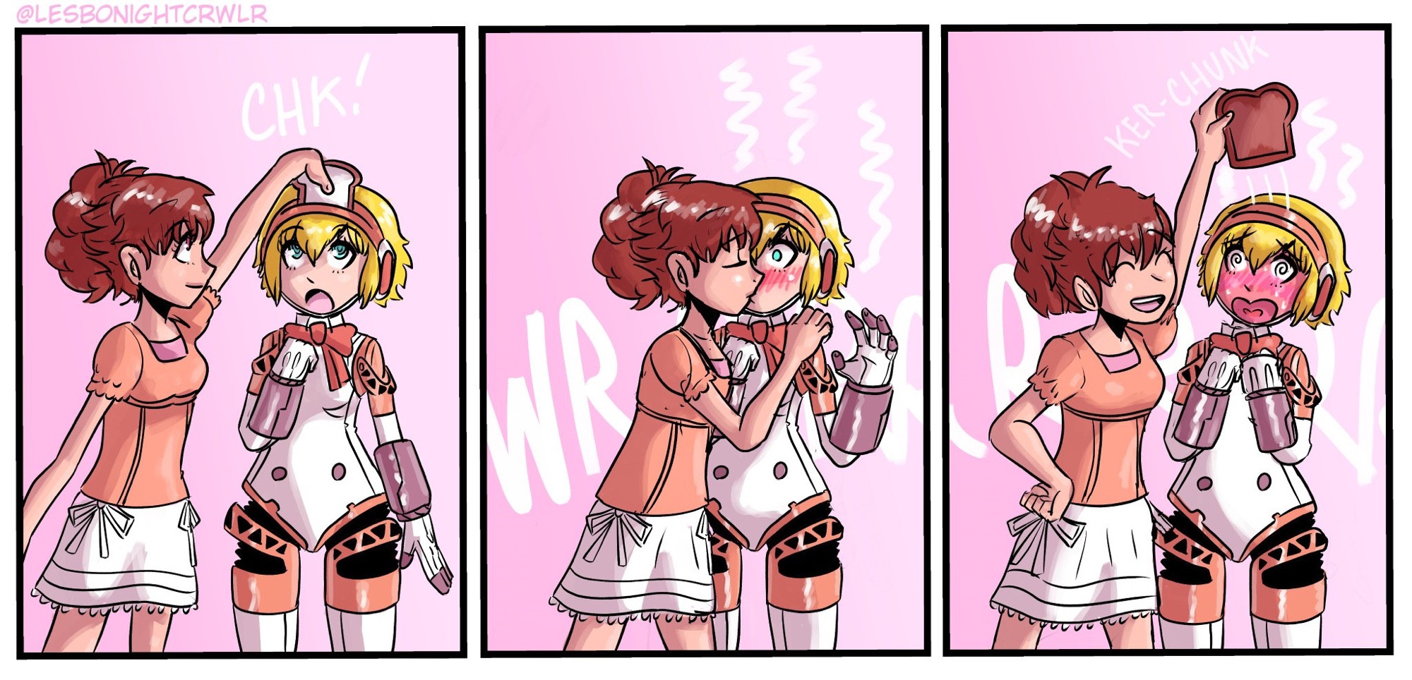 Kotone kissing Aigis to heat up her toast