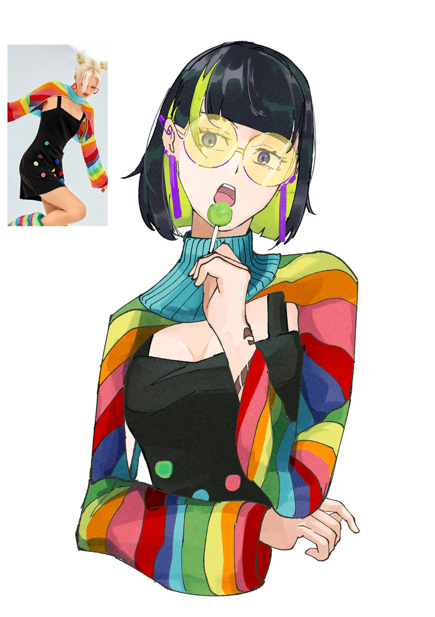 Saki (OC) wearing a rainbow sweater while posing to the camera