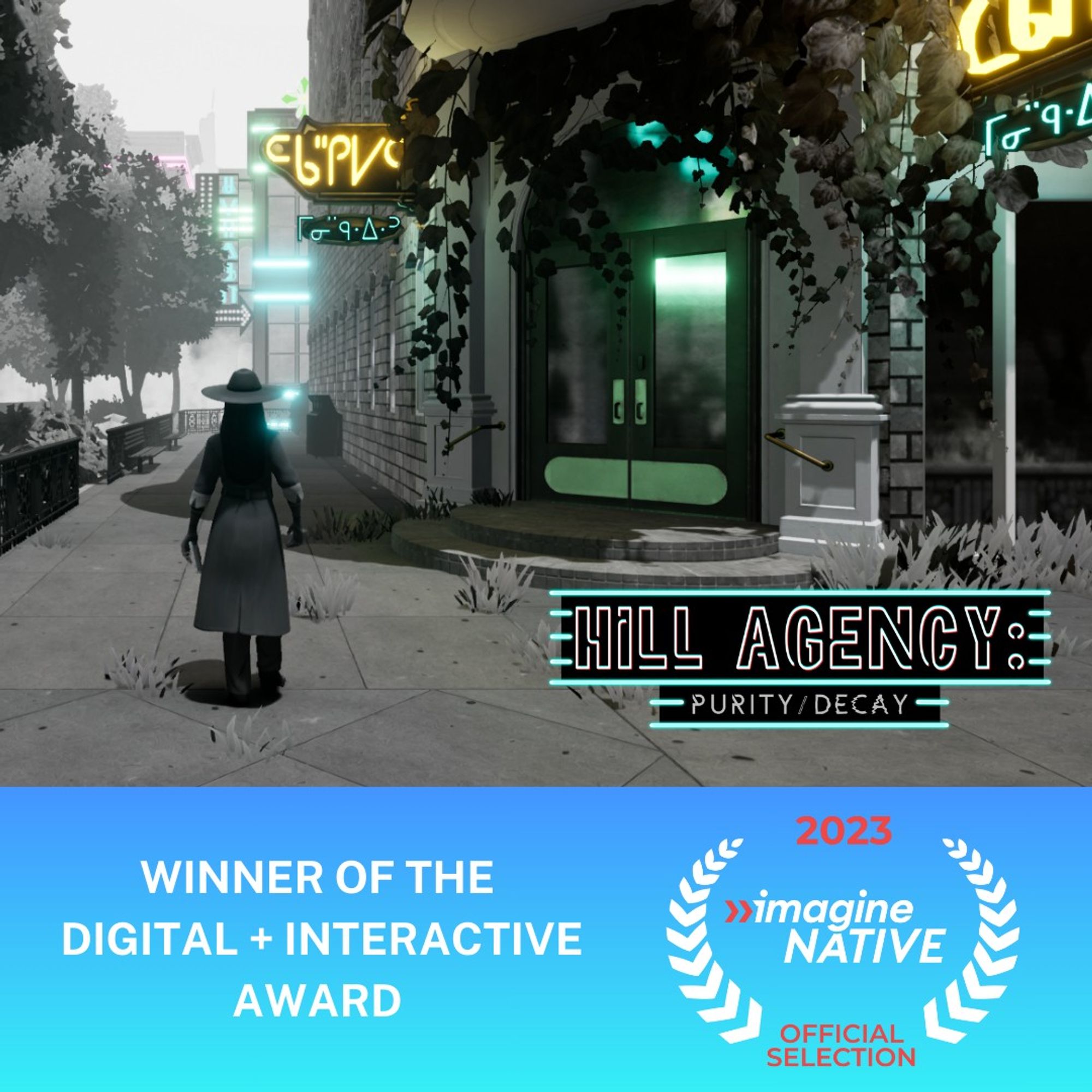 Hill Agency screenshot with Winner of the Digital + Interactive Award message and 2023 ImagineNATIVE Official Selection laurel on the bottom