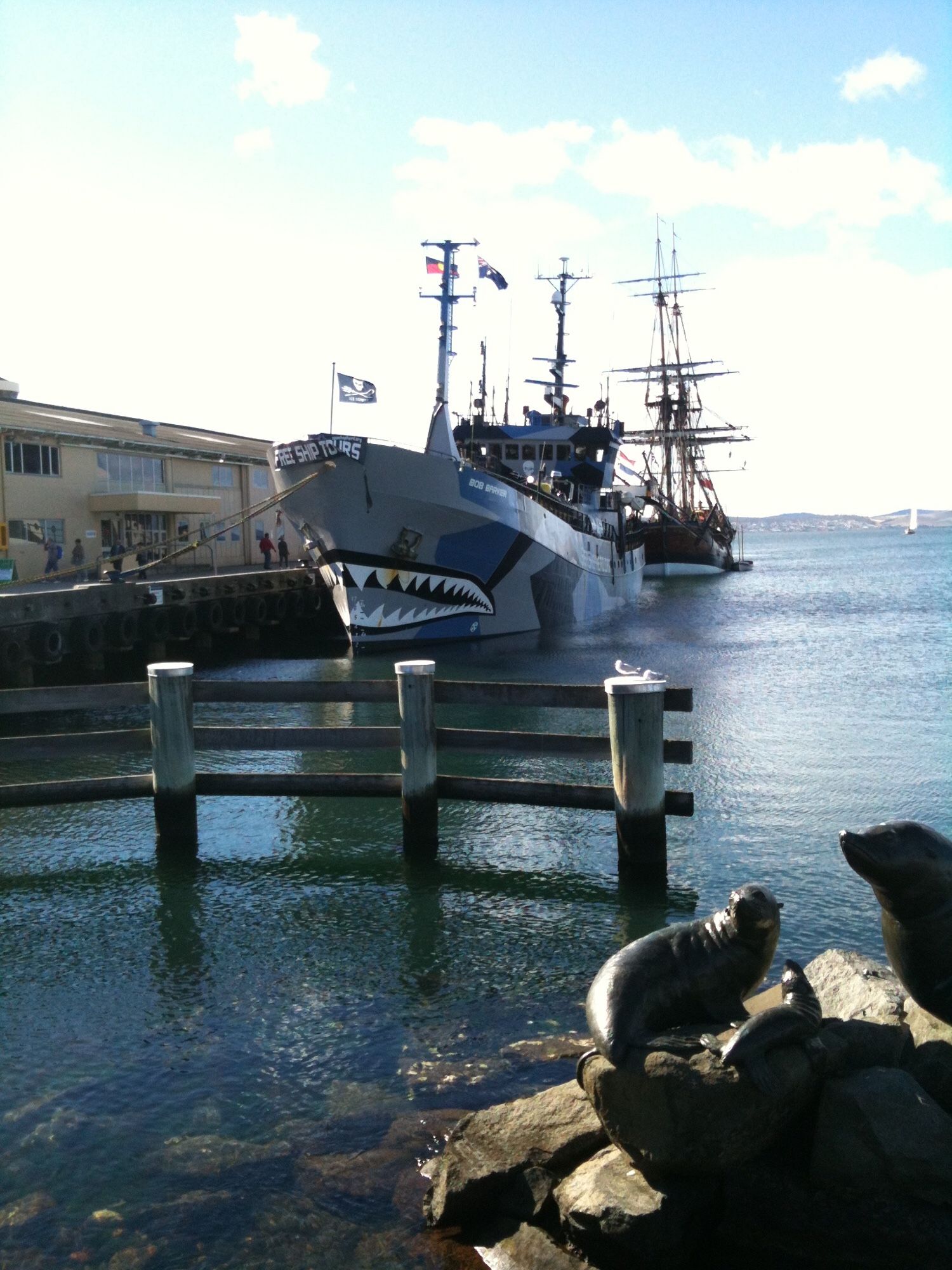 A photo I took in 2012 of the Sea Shepherd boat, named after Bob Barker, docked in Hobart, Tasmania: there are seagulls and a statue of seals in the foreground and a wooden sailing ship behind the boat