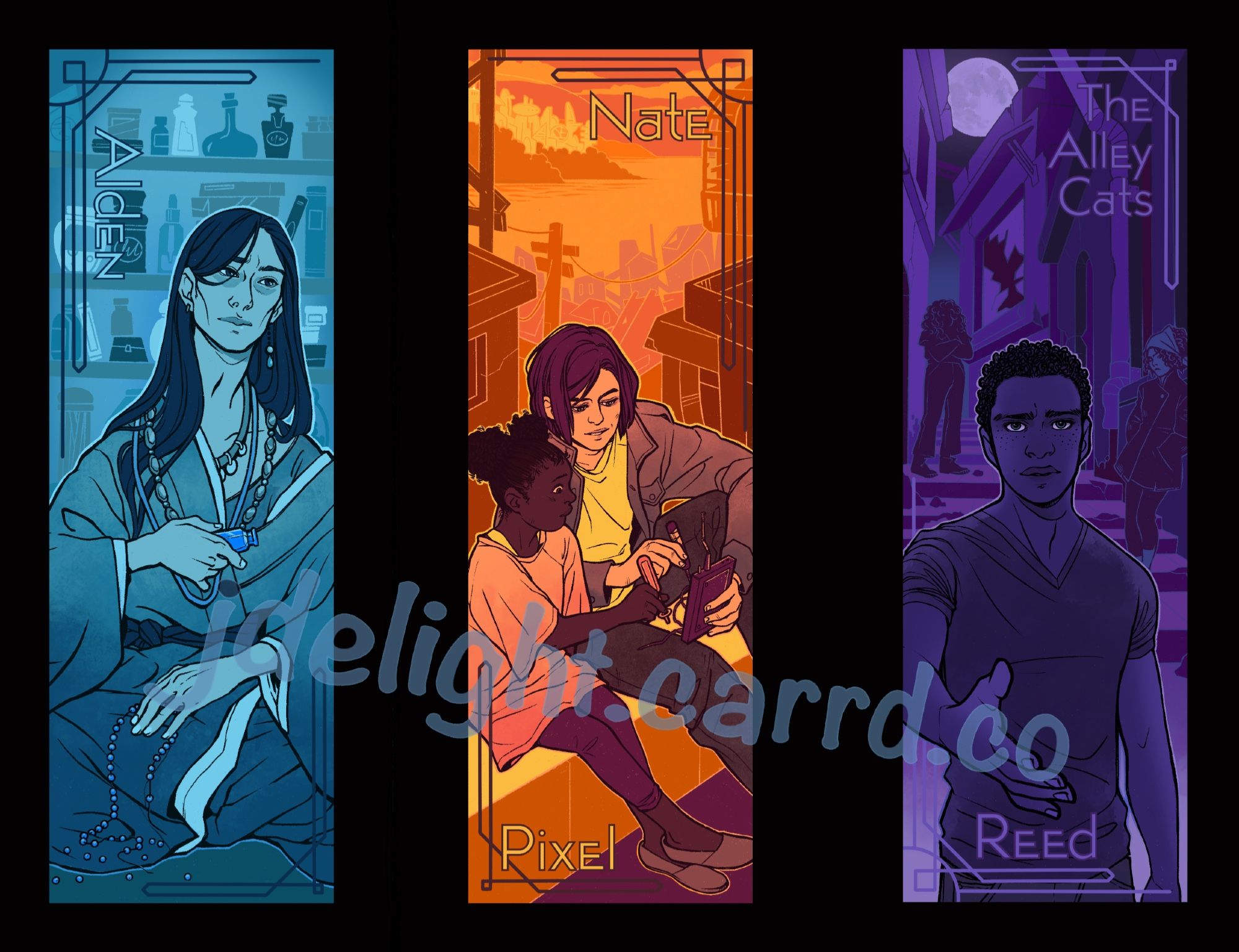 A set of three illustrated bookmarks featuring characters from Maria Mora’s queer YA book “Fragile Remedy.” Each has a different color theme. Teal: a long-haired, too-thin apothecary called Alden listlessly holds a small blue bottle in one hand and a broken string of pearls in his other. Orange: a white teenaged boy (Nate)and a young black girl (Pixel) sit on a rooftop of a ruined city as he shows her how to repair a piece of scavenged tech. Purple: a black teenaged boy (Reed) in the foreground holds out a hand to the viewer while two other figures (The Alley Cats) stand on steps behind him, with broken buildings and a full moon looming over them.