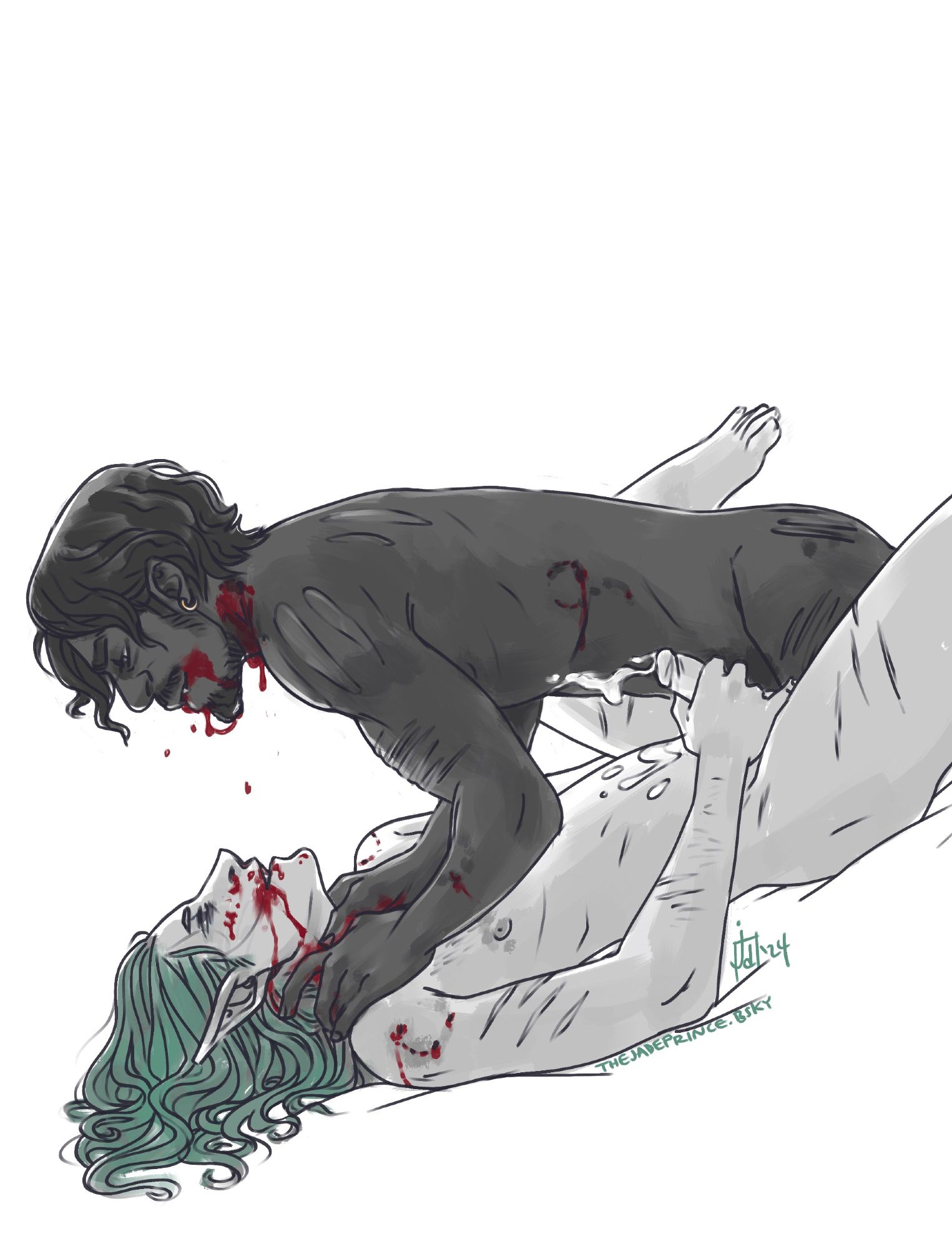 A limited palette erotic illustration of an attractive, mustachioed, Aboriginal Australian male vampire, and a skinny, pale-ass, green-haired elf engaged in some consensual naked choking. They both have bloody mouths, and both display numerous bite marks. The elf is on his back and cumming on the vampire’s stomach. They’re both pretty into it, tbh.