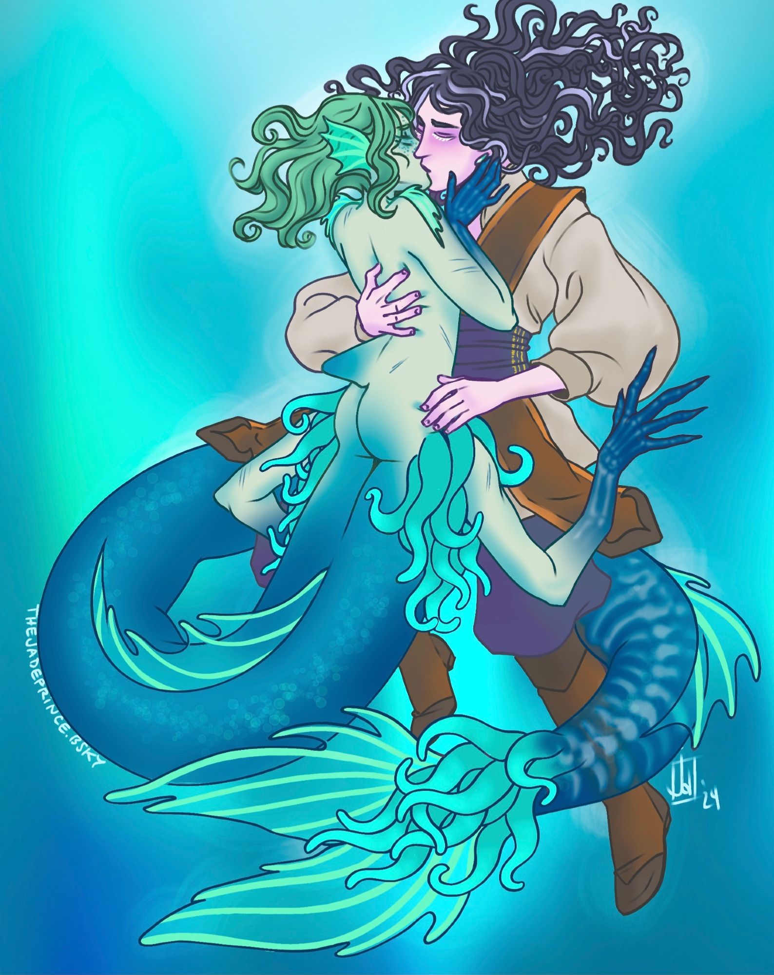 An underwater illustration of two gender-ambiguous characters holding eachother and sharing a tender kiss. One (Achlys) is dressed in simple fantasy garb and has long curling dark hair with streaks of white. The other (Zin) looks like a sort of mermaid, with an extra pair of long arms at his waist, and translucent hands/tail which show hints of the bones showing through. He's got a dorsal fin on his back and a cute butt. The whole thing has kind of a dreamy, teal/blue vibe.