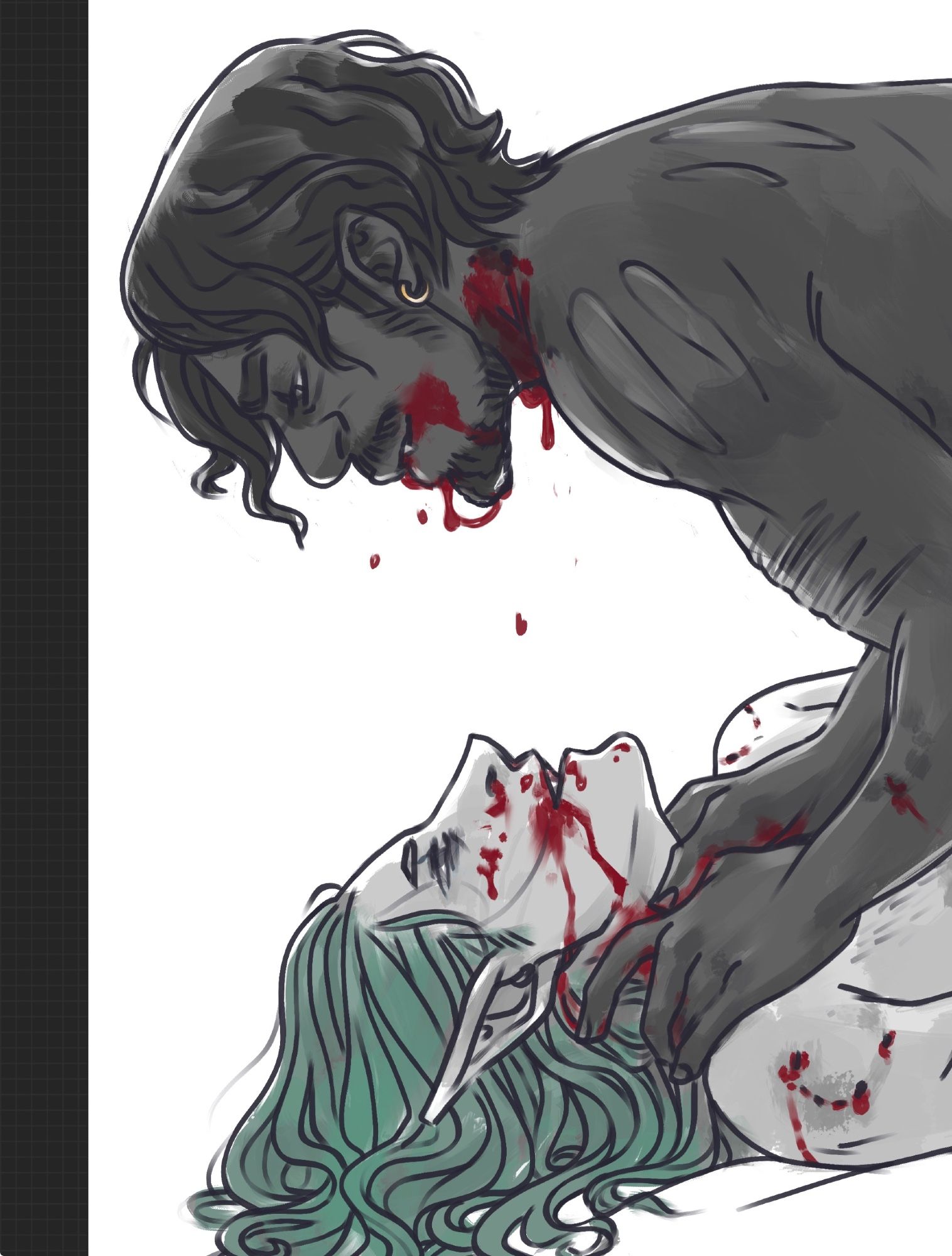 A close up of the former, showing off the blood dripping from Ephraim’s throat and mouth onto Zin’s smiling, blissed out face. Ephraim’s bloody hands are tight around his throat. Some of the best porn I’ve drawn, not gonna lie. I can give myself a compliment here since most people won’t bother or need to read this, haha.