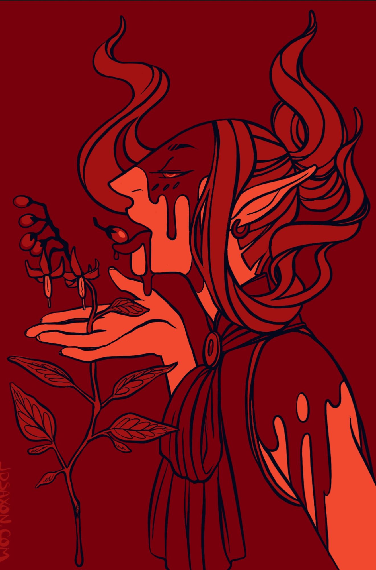 A stylized illustration of an elf in profile whose face and shoulder are covered in blood, holding up a sprig of nightshade between their fingers and a nightshade berry on their tongue. They wear a cravat and a sleeveless shirt, and their hair curls up from their face like smoke. The whole image is in shades of red.