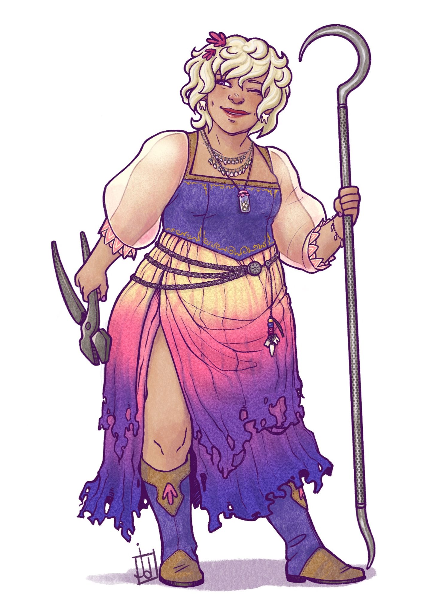 A commissioned piece of art of a DnD character. She is a plus-sized lady with short platinum blond hair and light brown skin. She wears skirts and a bodice in sunset colors, calf-high boots, and earrings/necklaces made of humanoid teeth. In one hand she wields a pair of pliers and in the other a long staff styled after a dentist’s cleaning tool. She is smiling in a friendly and welcoming way.