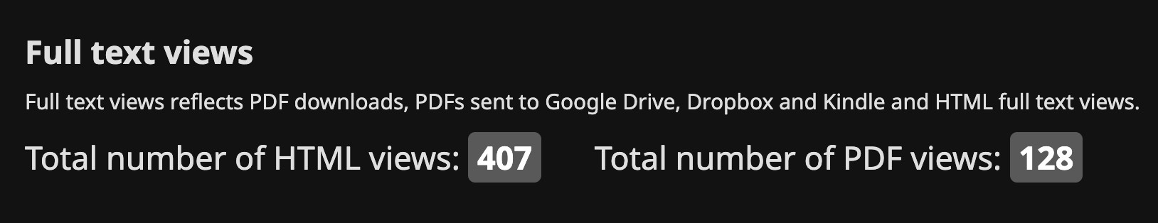 Full text views

Full text views reflects PDF downloads, PDFs sent to Google Drive, Dropbox and Kindle and HTML full text views.

Total number of HTML views: 407

Total number of PDF views: 128
