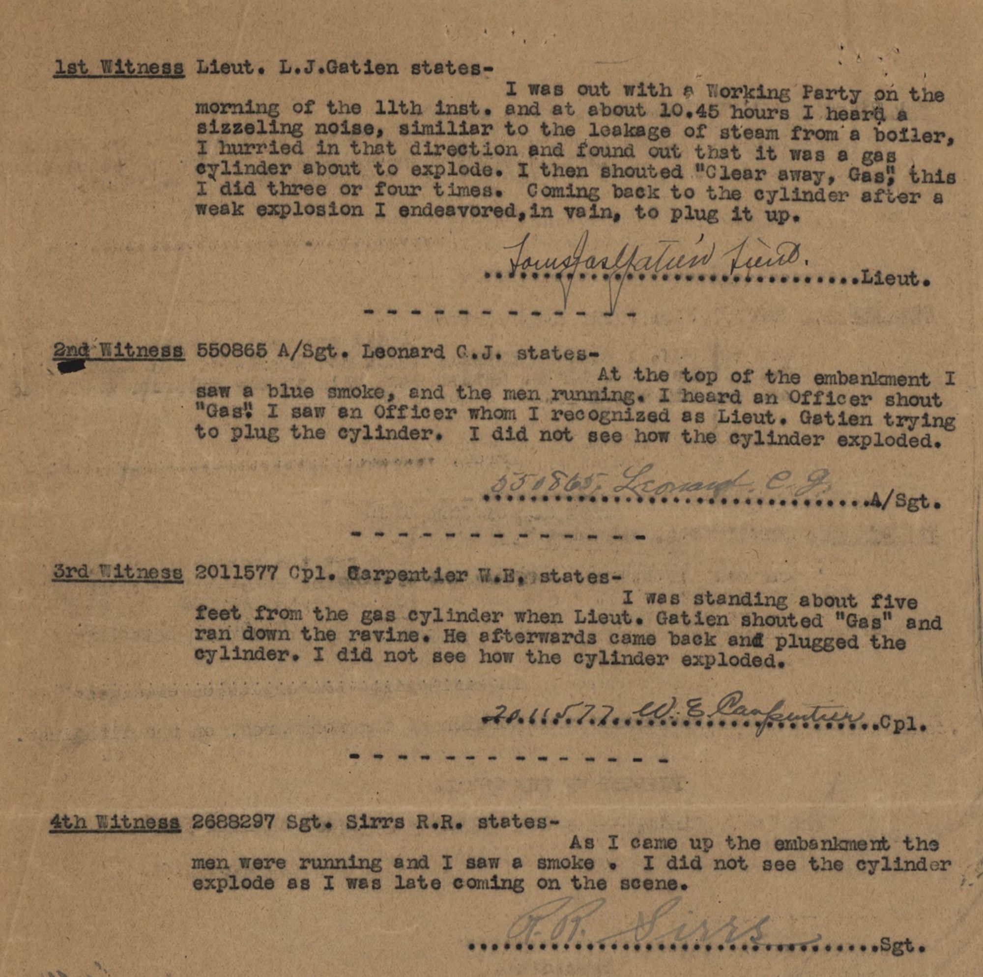 four witness reports from the incident that killed Pte. Kern in 1919

one reads, "I was standing about five feet from the gas cylinder when Lieut. Gatien shouted "Gas" and ran down the ravine. He afterwards came back and plugged the cylinder. I did not see how the cylinder exploded.

screenshot from Pte. Kern's personnel file, LAC Canada
https://recherche-collection-search.bac-lac.gc.ca/eng/help/pffww