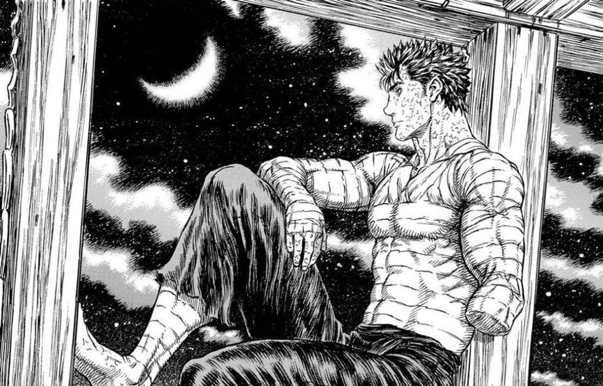 Picture of Guts from the manga series Berserk, shown out of his armour but bandaged and with one arm missing