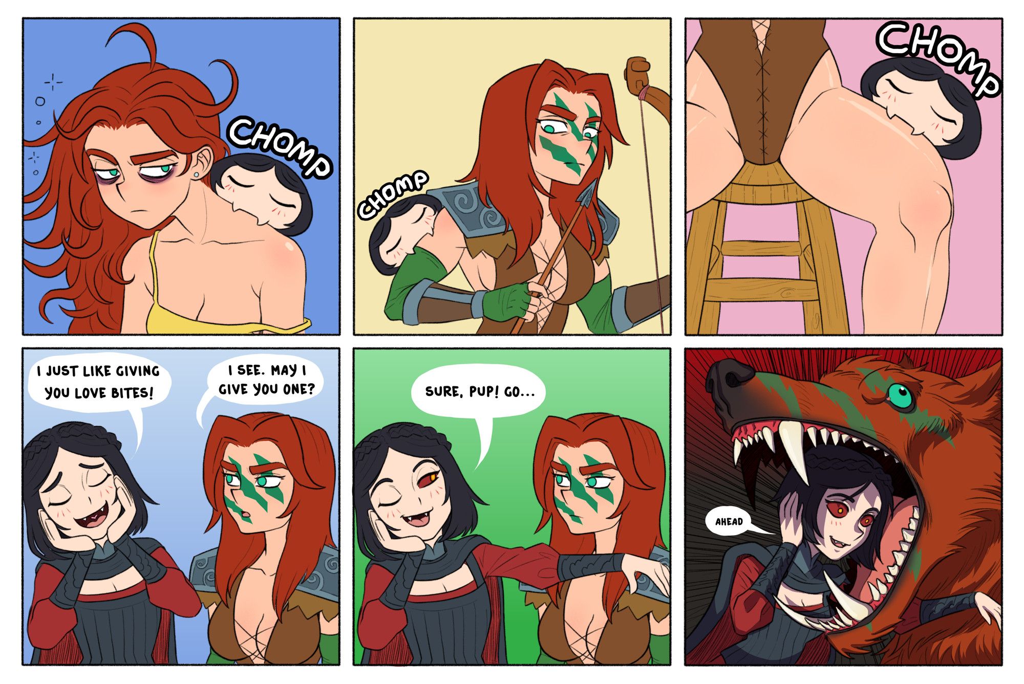 Serana love-bites Aela in various situations for 3 panels. Then she says she likes doing that, and Aela proposes to give Serana a love bite. Serana agrees and offers her arm, only for Aela to turn into a werewolf ready to bite her head.