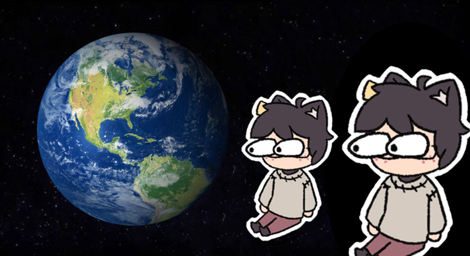 The scene is in space. We can see one side of Earth, mostly North America. A JoCat floats in space, his eyes bulging at the sight of Earth. Another JoCat floats behind, his eyes bulging at the first JoCat.