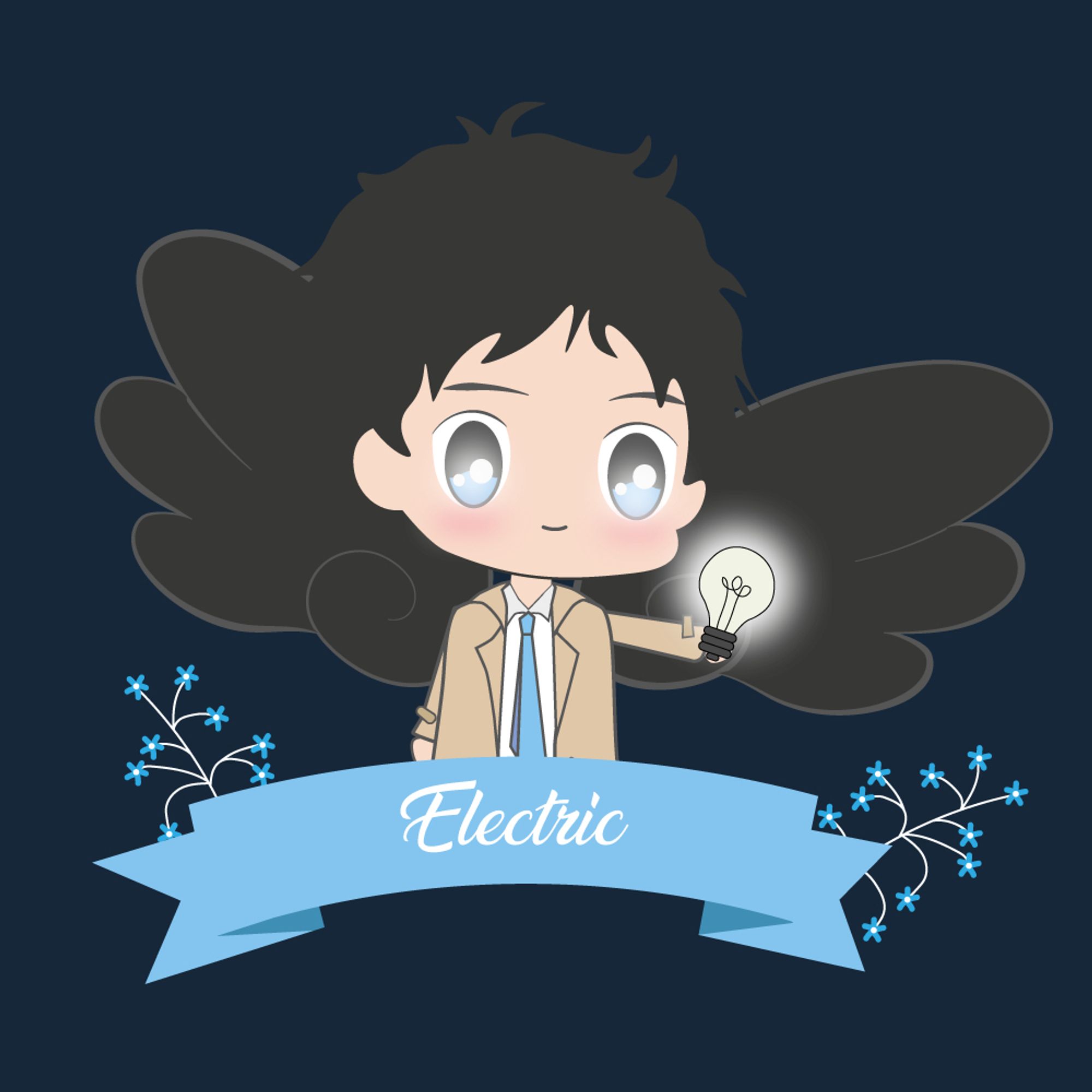 Chibi Cas is holding a lightbulb, powering it with his grace