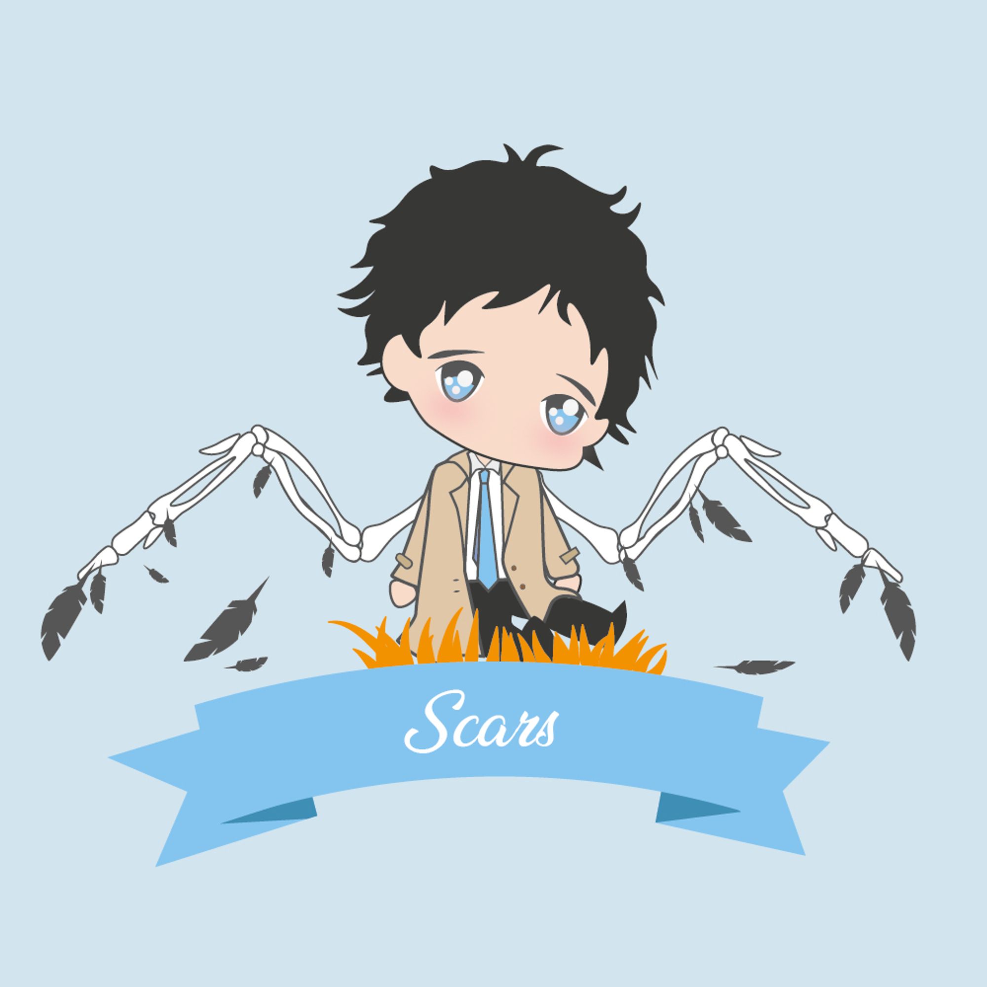 Sad chibi Castiel, his wings are bones with a few loose feathers. I'm sorry... the prompt was "scars"