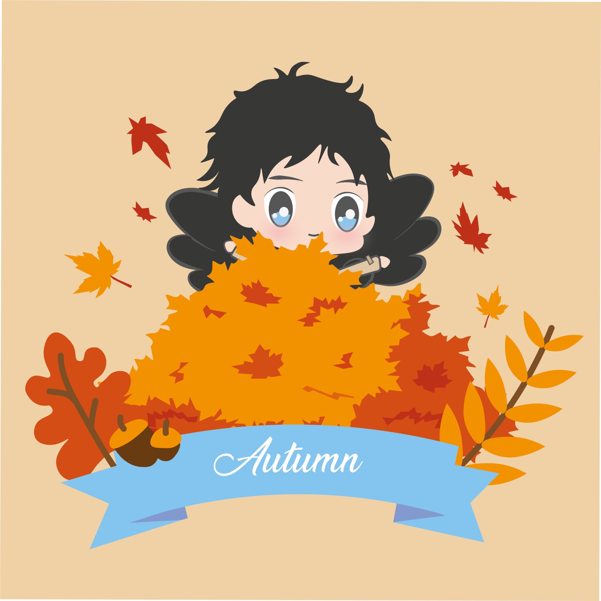 Castiel as chibi with his wings, playing in a pile of autumn leaves