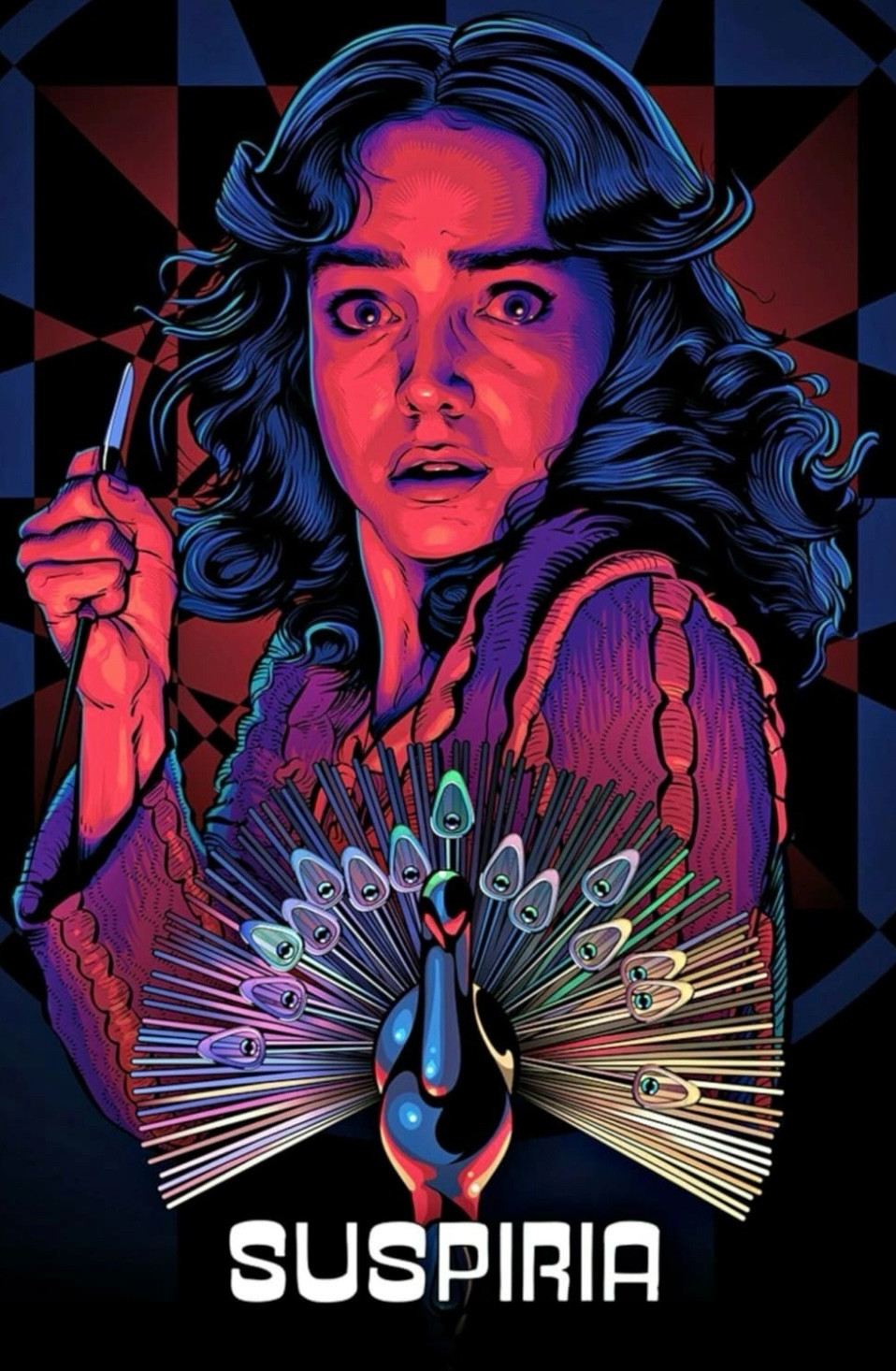 Poster for Suspiria. The poster shows a drawing of Jessica Harper in neon pinks, purples and blues, holding up a metal spike. In front of her is a moment of a peacock. 
