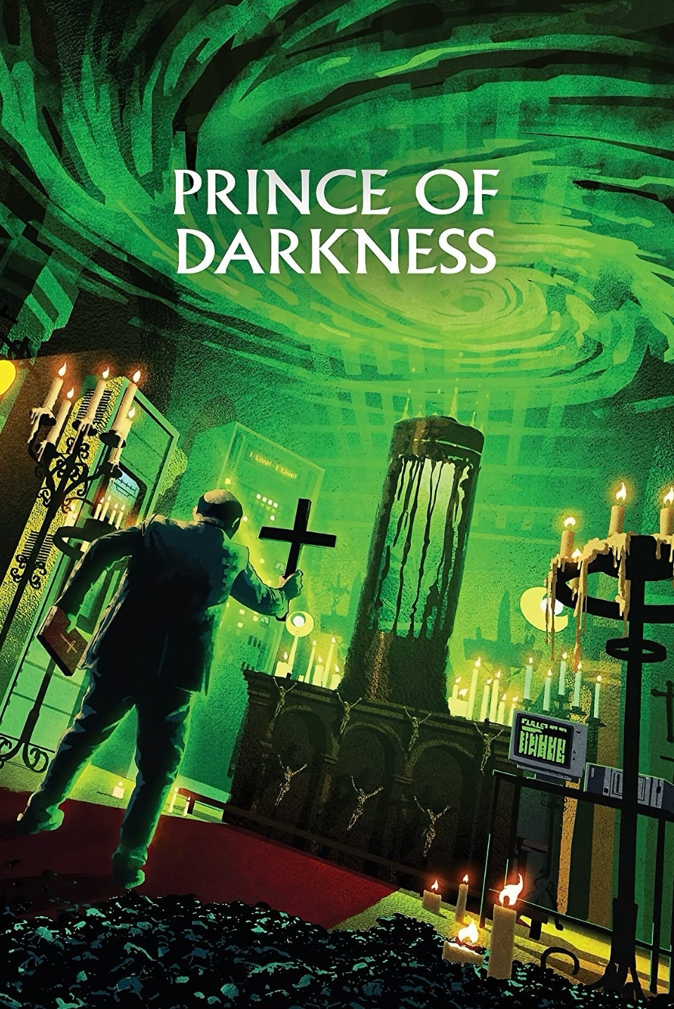 Poster for Prince of Darkness. The poster shows a large, cyclindrival vessel of some kind, stood on an altar, surrounded by electircal quiepment. A swirling green vortex looms above it, and everything is bathed in vivid green light. A man stands before it, back to us, a Bible in one hand by his side, and a large cruicifix raised towards the vessel in the other. 
