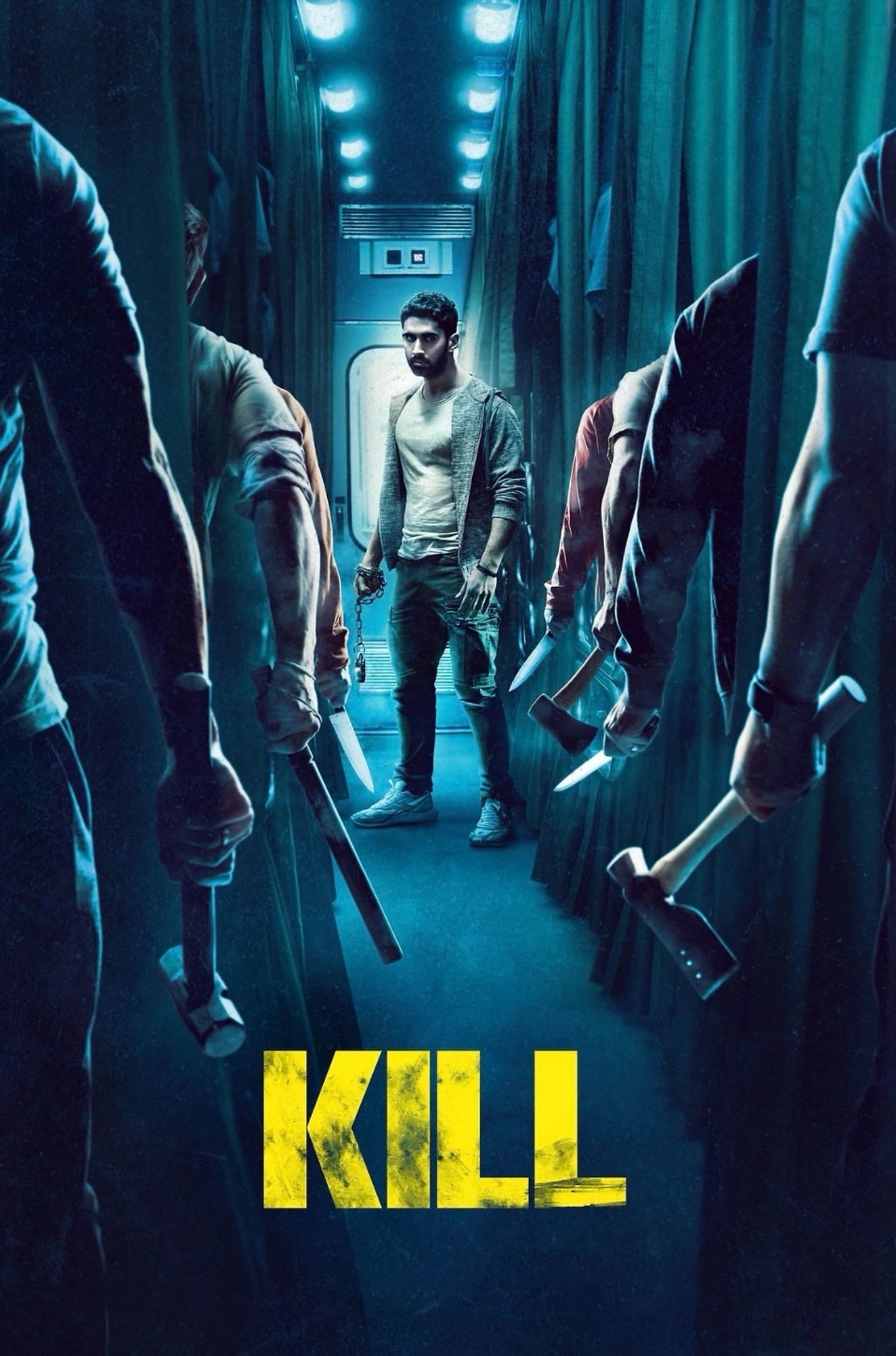 Poster for the 2024 film 'Kill'. The poster shows a young Indian man (Lakshya Lalwani) standing in a narrow corridor on a train, with a large chain wrapped around his hand. On both sides of the corridor, a line of men's arms can be seen fromm the doorways of their compartments. Each his holding a different deadly weapon - hammers, axes, knives etc