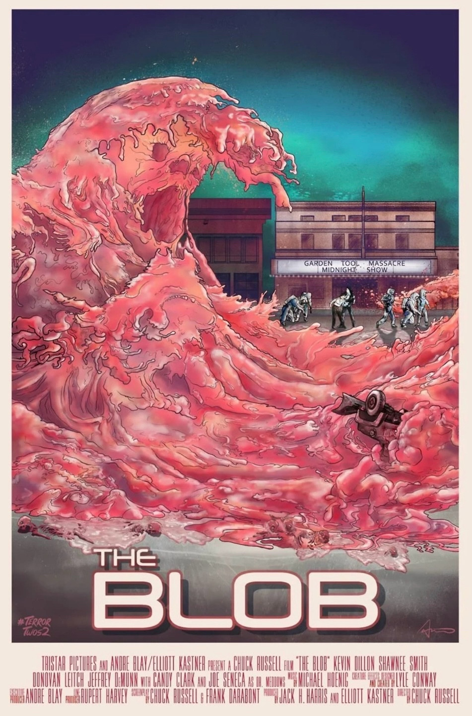 Poster for The Blob. The poster shows a huge wave of pink goo washing down a road in from of a cinema. People and vehicales are being swept up by it. 

