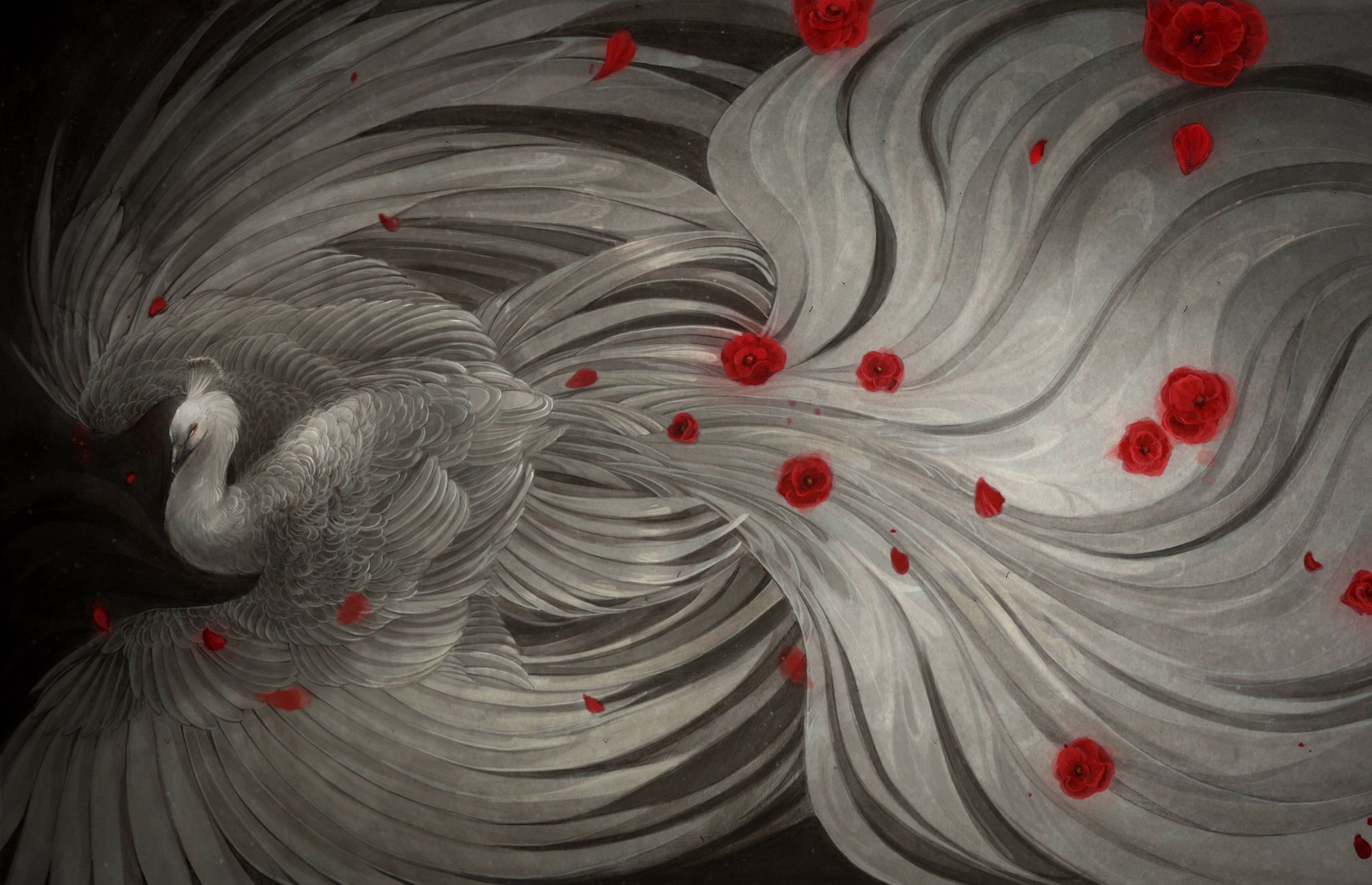 A drawing a of a white peacock against a black background. The peacock’s wings are spread and its tail feathers are flowing. Red poppies and poppy petals dot the peacock.