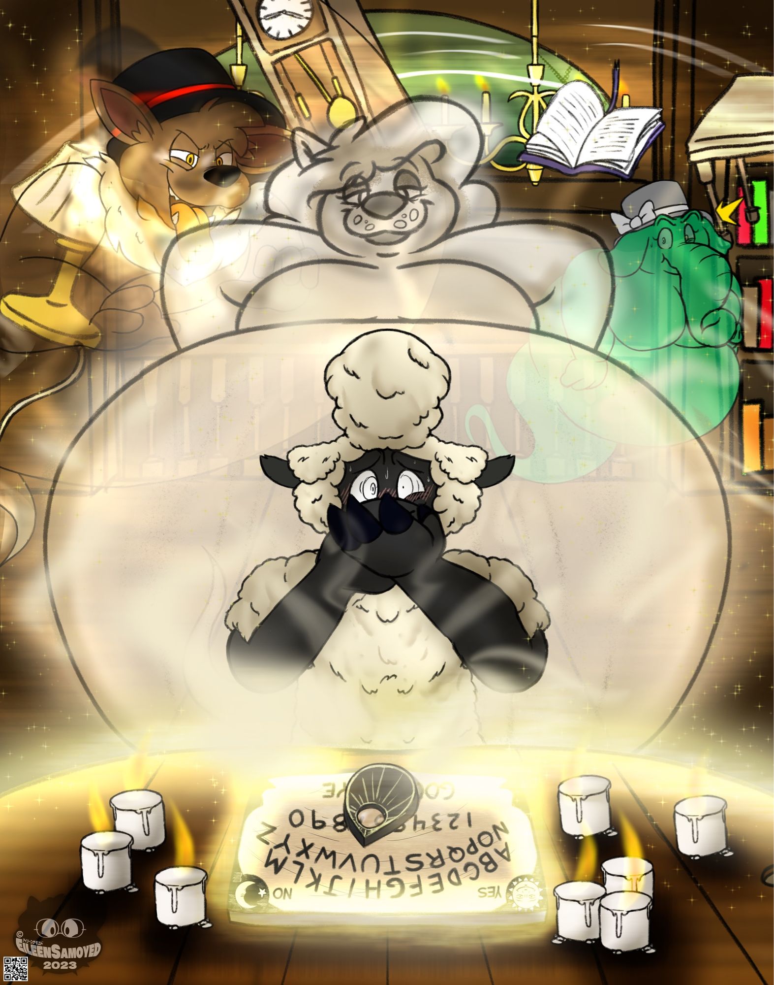 A sheep with a pompadour holding his hand to his nose, with shock and a blush on his face while a planchette lays on an Ouija board, laying on a table adorned with candles and a glowing light. Two more pronounced mists of white and caramel colors is coursing through the area and the air, carrying a vanilla and butterscotch scent respectively. Behind him a tall, looming ghost of a Samoyed in black eyeliner & lipstick looks down eagerly, with an Eevee in a top hat & devious grin floating to the right. In the back, a book, bookcase, lamp, and clock are flying in the air, and a green elephant ghost in a top hat looks on just as shocked as the sheep, tying her trunk to stem the flow of the scent.