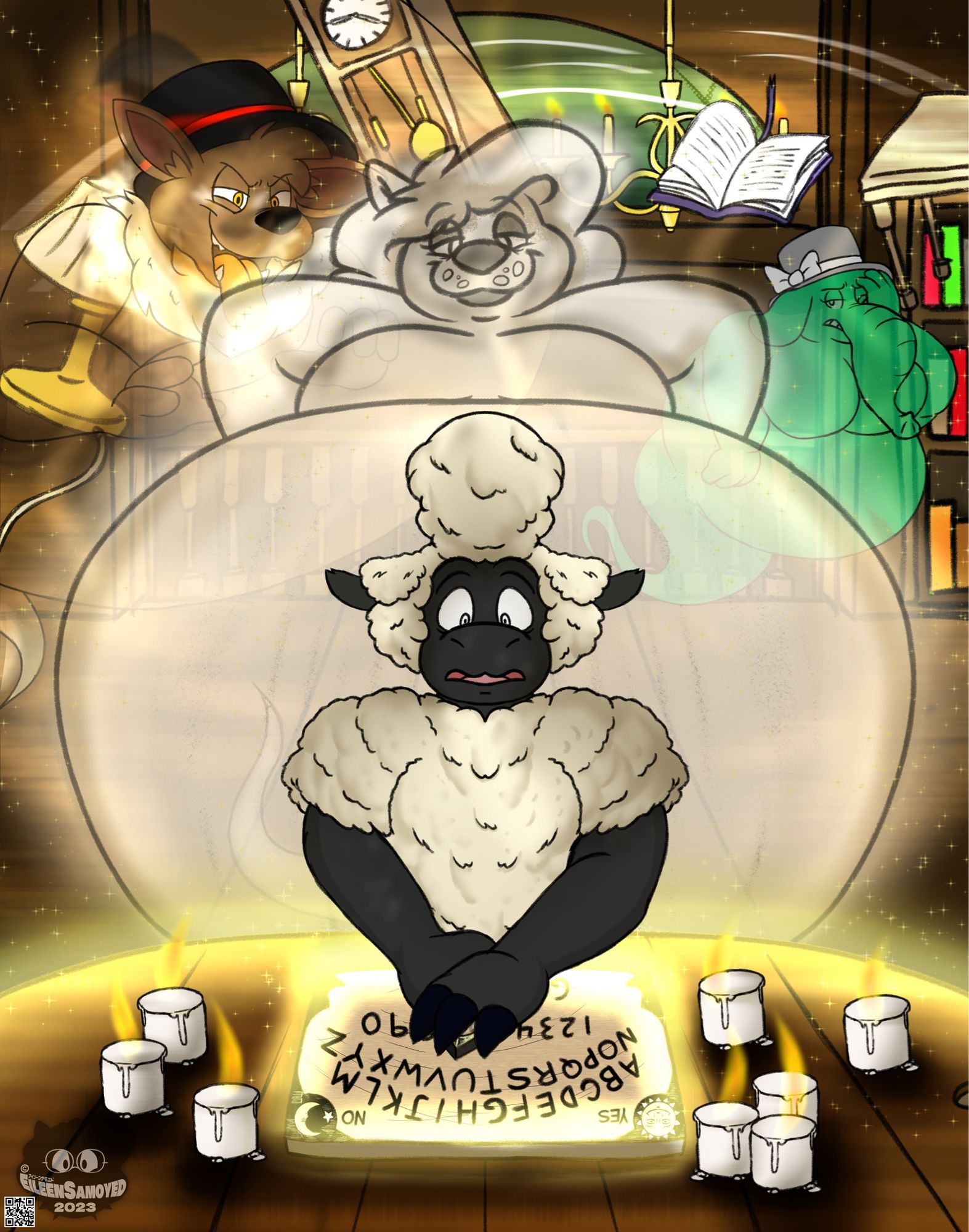 A sheep with a pompadour holding his hand to a planchette on an Ouija board, laying on a table adorned with candles and a glowing light. Behind him a tall, looming ghost of a Samoyed in black eyeliner & lipstick looks down eagerly, with an Eevee in a top hat & devious grin floating to the right. In the back, a book, bookcase, lamp, and clock are flying in the air, and a green elephant ghost in a top hat looks exhaustedly, hand cradling the side of her face.