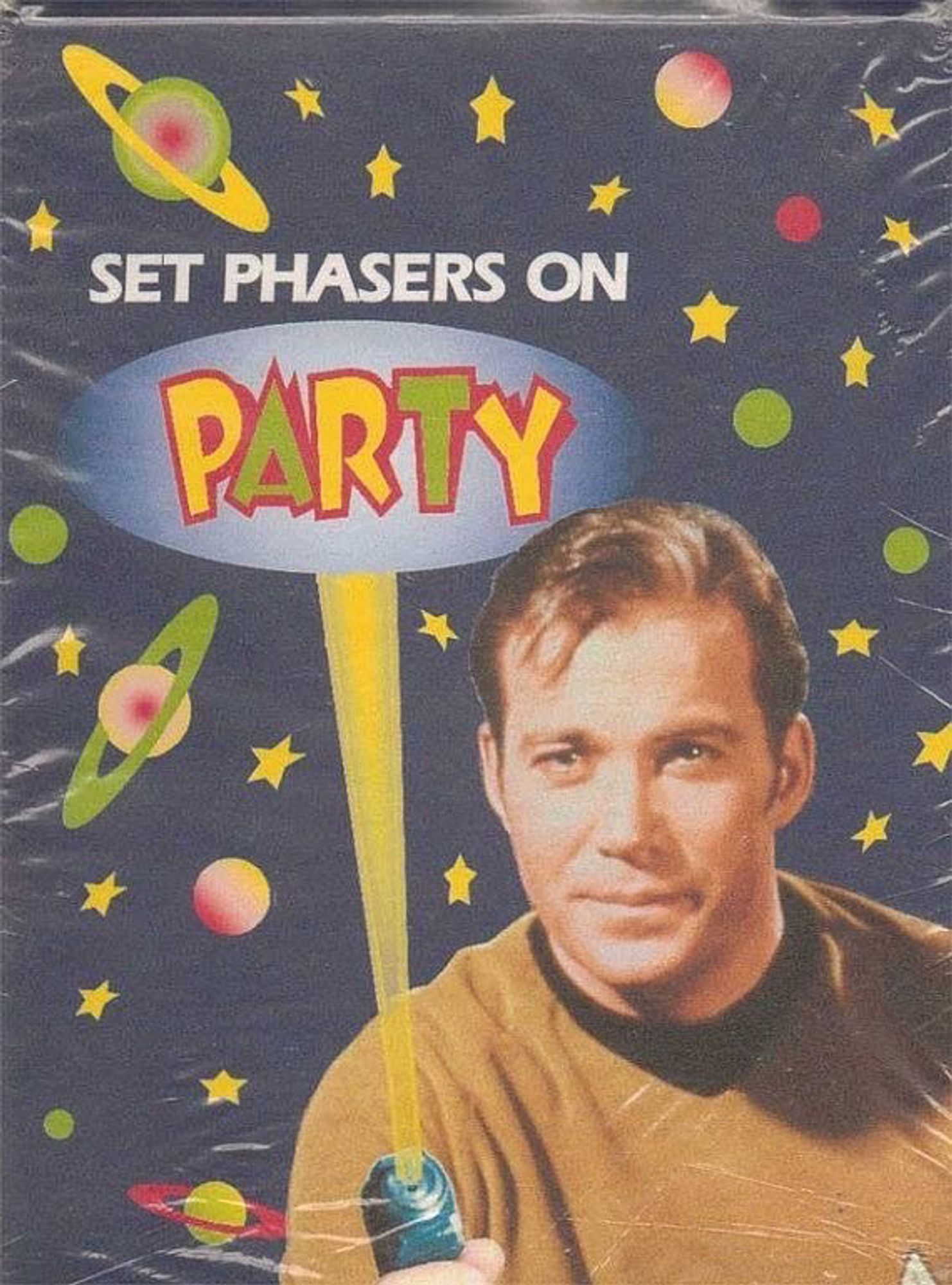 old school birthday card with Captain Kirk holding a phaser. Text reads: "set phasers on party"