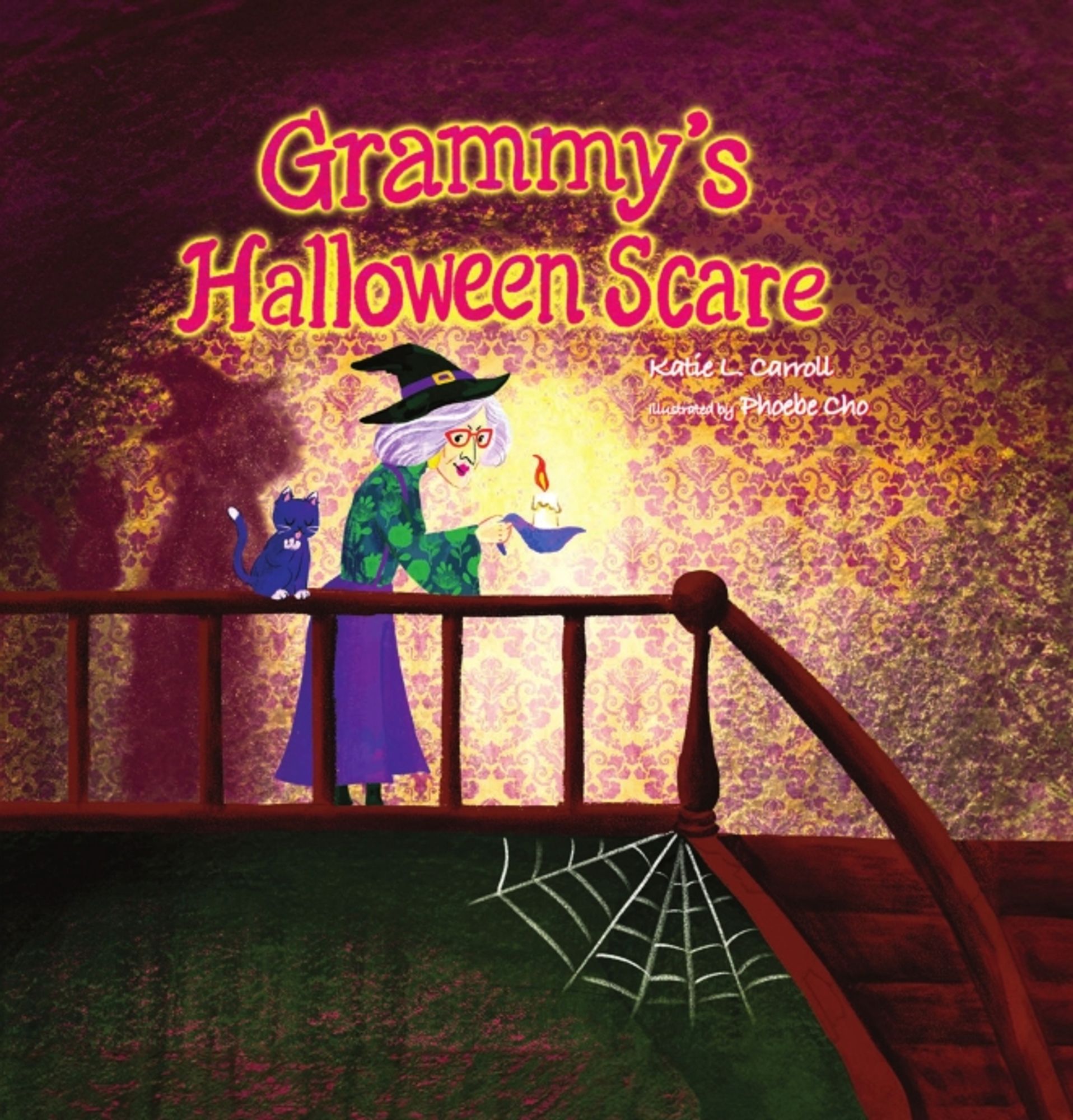 Book cover of Grammy's Halloween Scare by Katie L. Carroll, illustrated by Phoebe Cho. Cover shows a grandmother on the top of a staircase. She's wearing a funky purple and green outfit with a witch's hat and is holding a lit candle. A black cat sits on the stair railing.