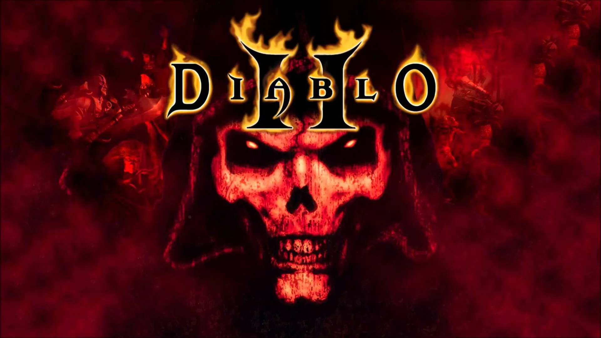 Diablo 2 logo with hooded skull on a red background.