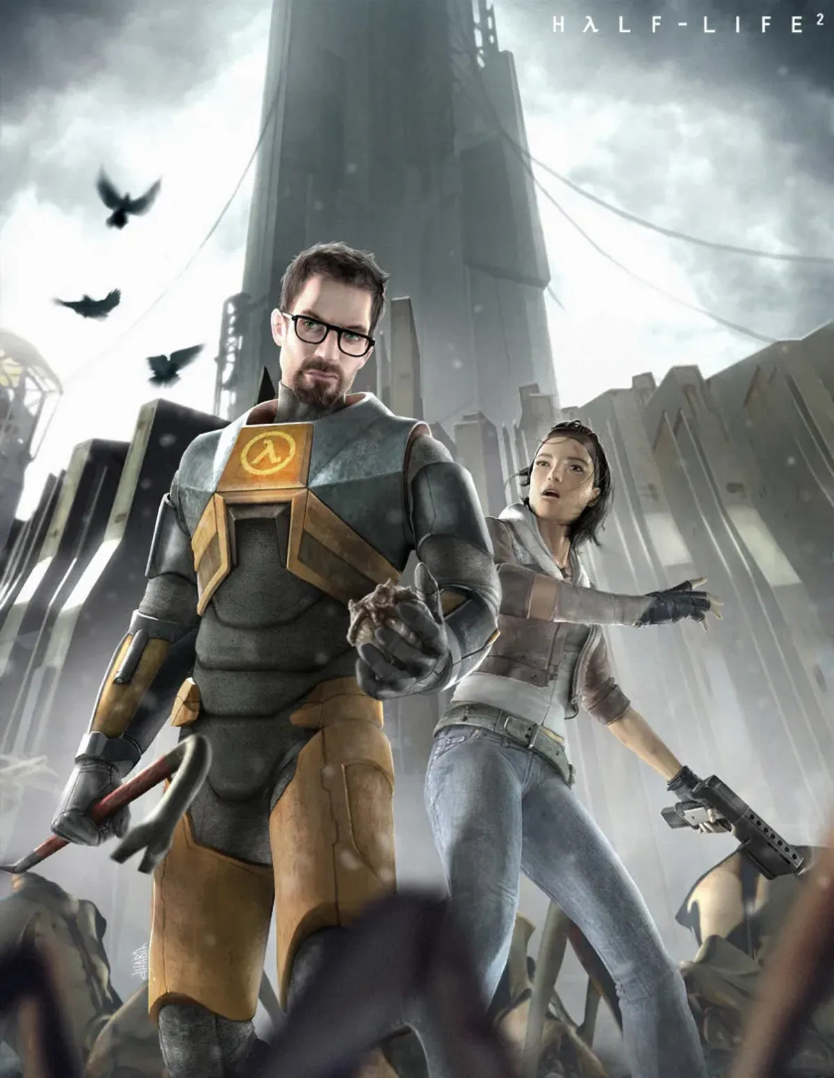 Gordon Freeman holding a crowbar standing next to Alyx Vance holding a submachine gun with a tall building behind them and three crows flying away in the background.