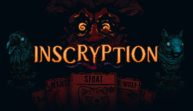 Inscryption logo. Wooden face with spiraling glowing orange eyes, wooden totems to the left and right, Inscryption cards in the foreground (Mantis, Stoat, Wolf)