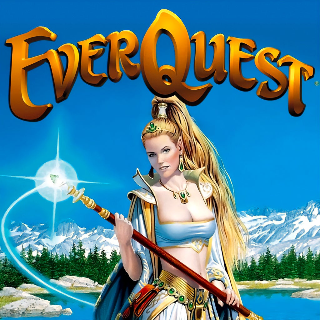 EverQuest Keynote Art with Fironia Vie (A high elf) standing in front of a water feature and a snowy mountain range, holding a staff with a glowing crystal at the tip.